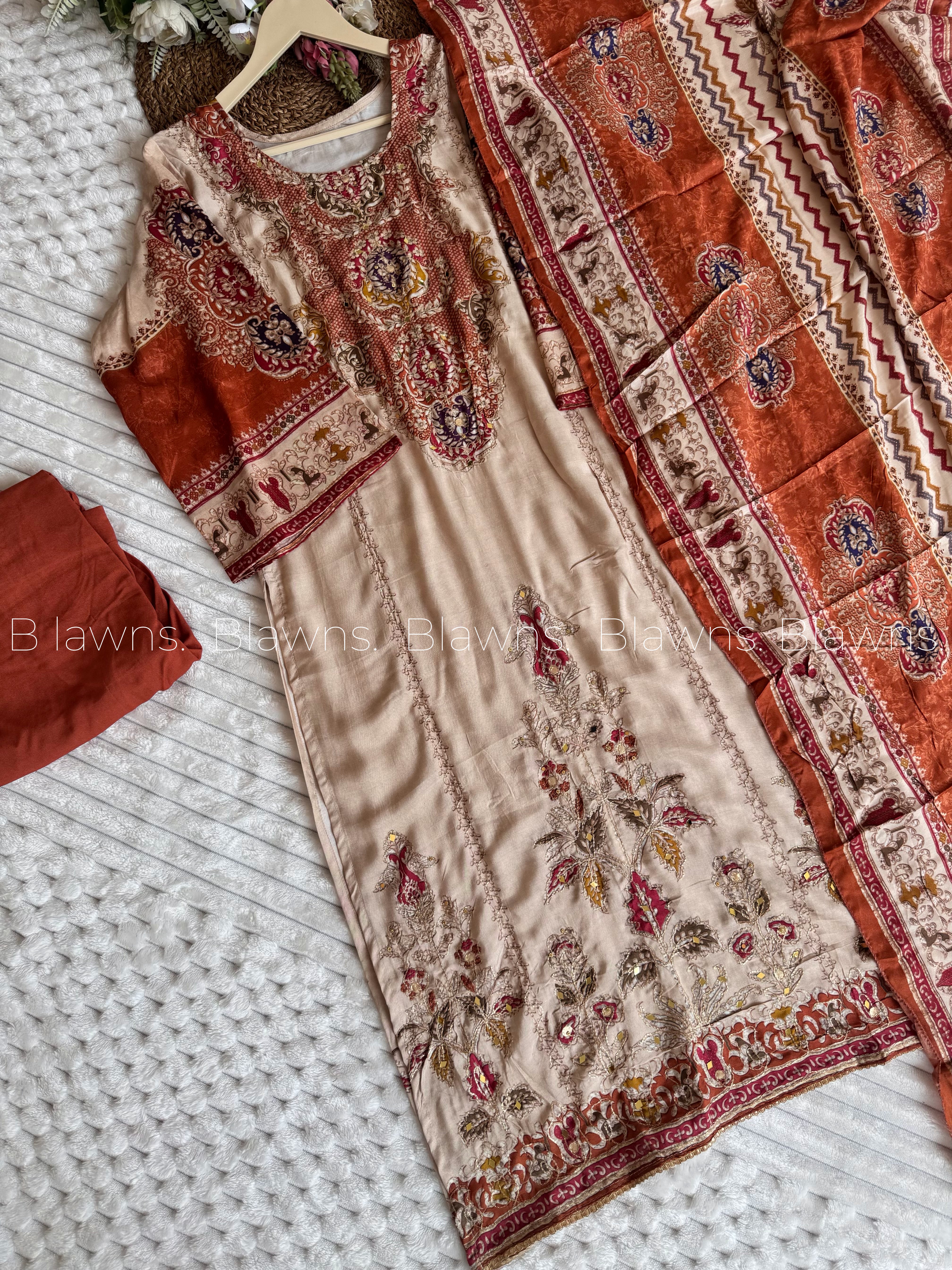 Readymade Viscose Muslin Digital Print with Aari work and diamond suit