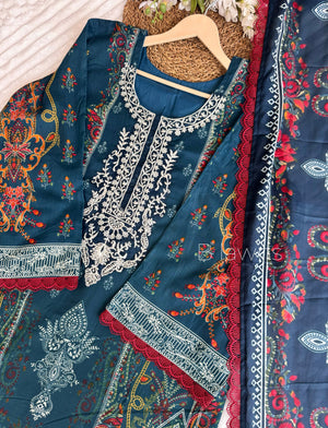 Peacock print Pakistani suit, styled view