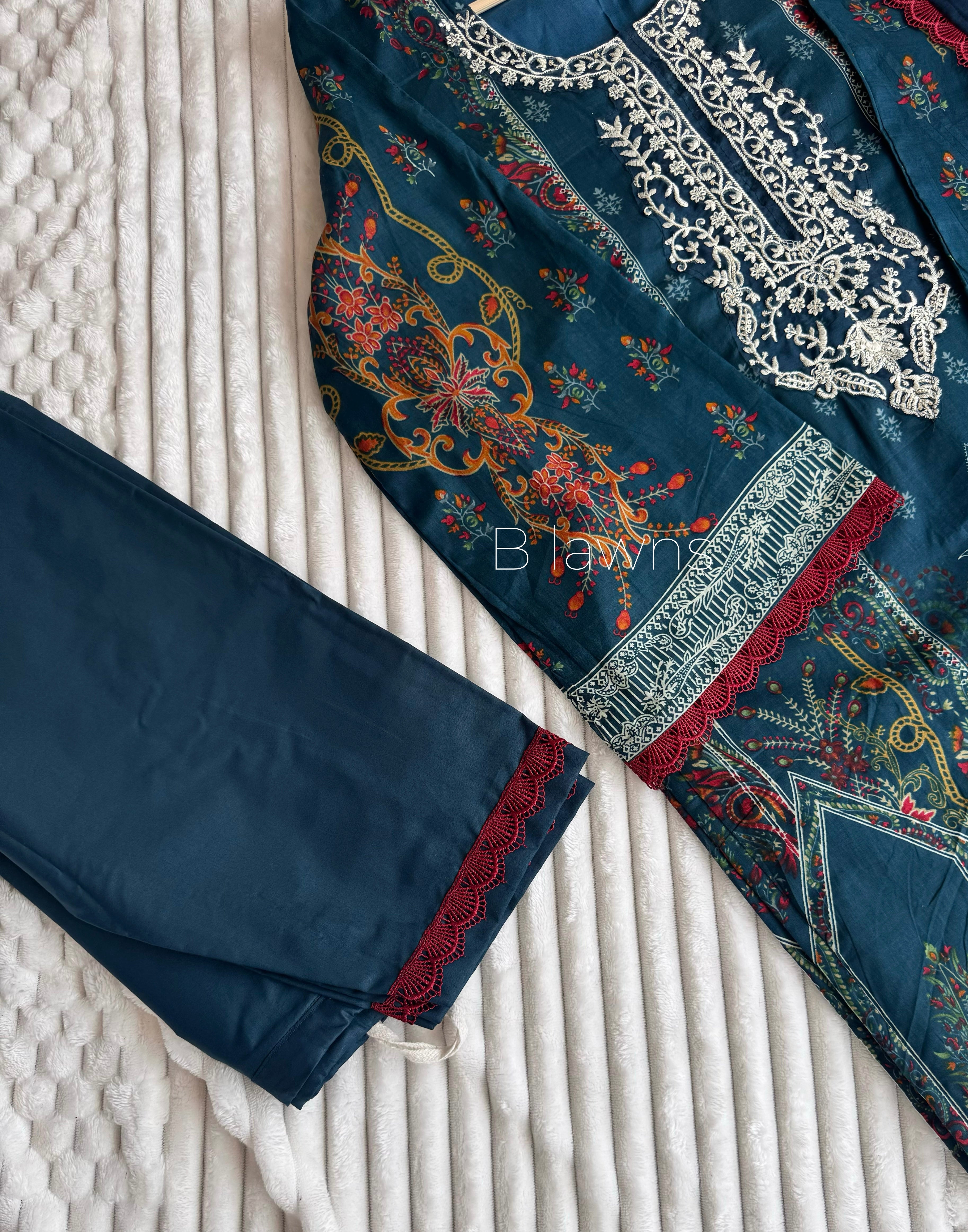 Peacock print Pakistani suit, fabric detail view