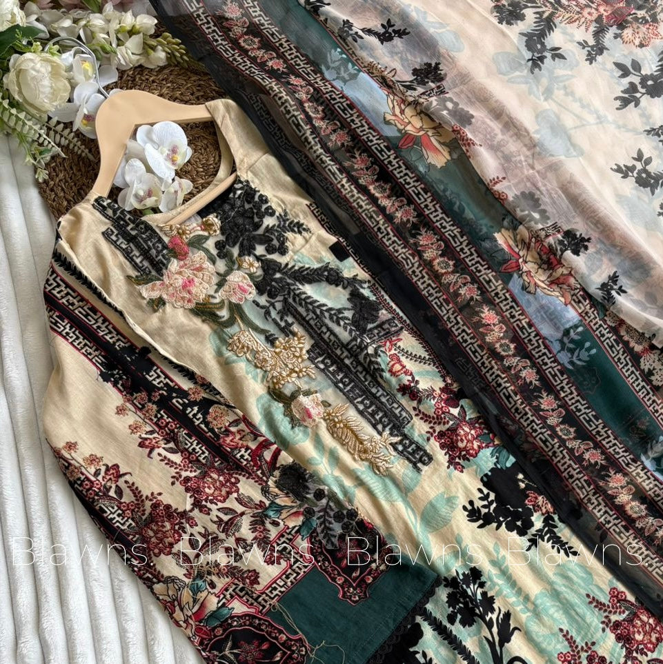 Embroidered Pakistani Unstitched Lawn Suit with Chiffon Dupatta BLW-