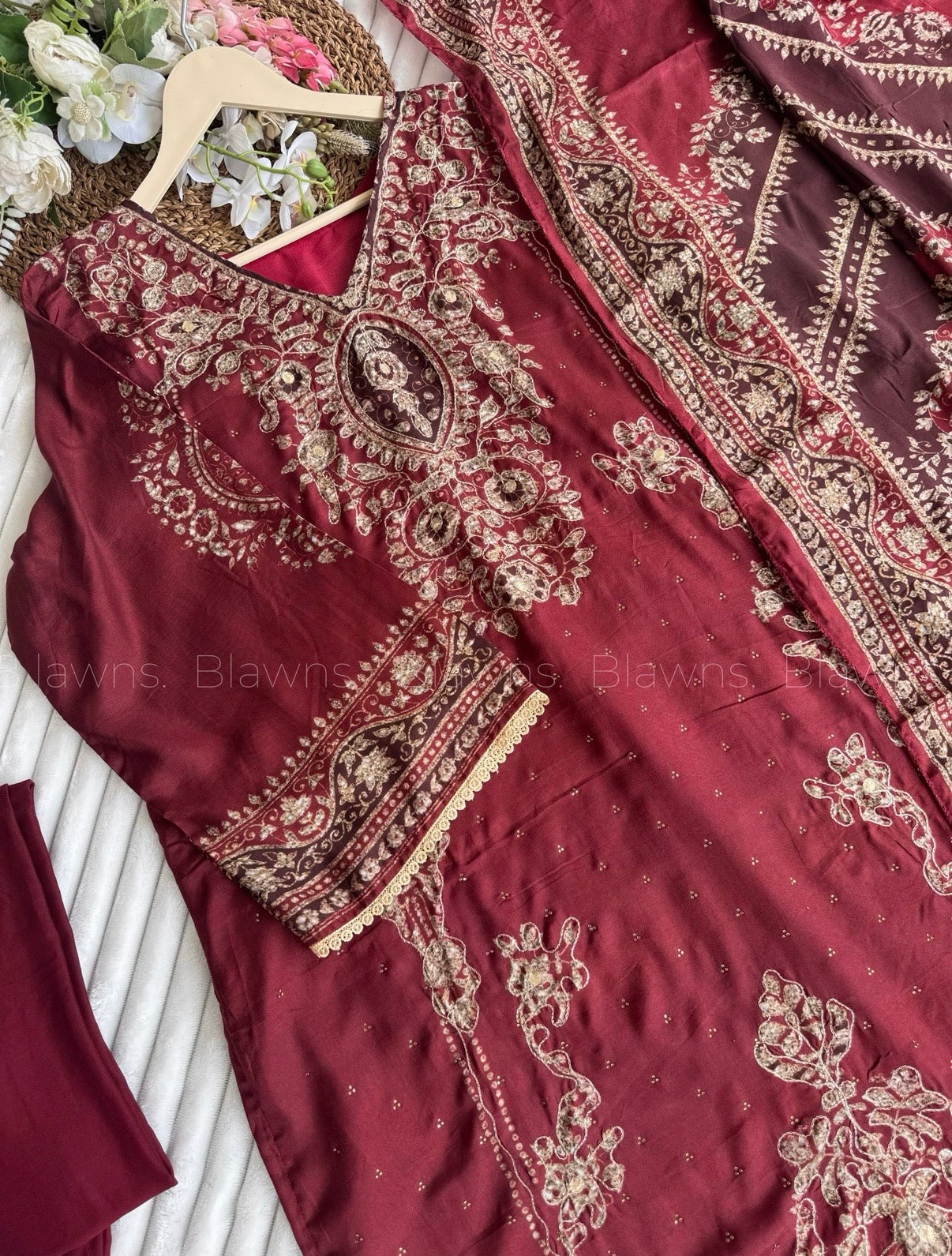 Cherry red unstitched Muslin suit set