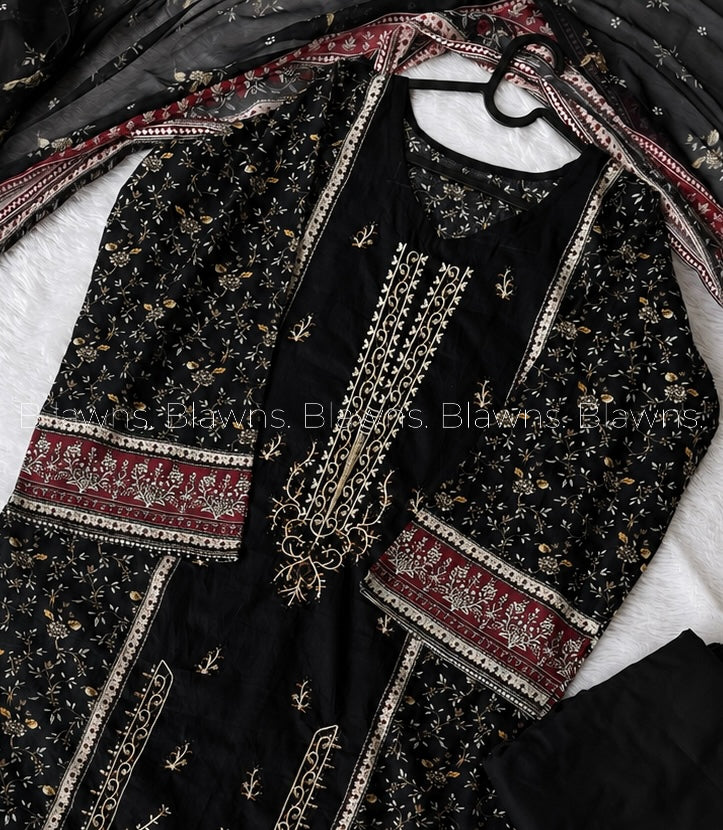 Black Embroidered pakistani unstitched suit