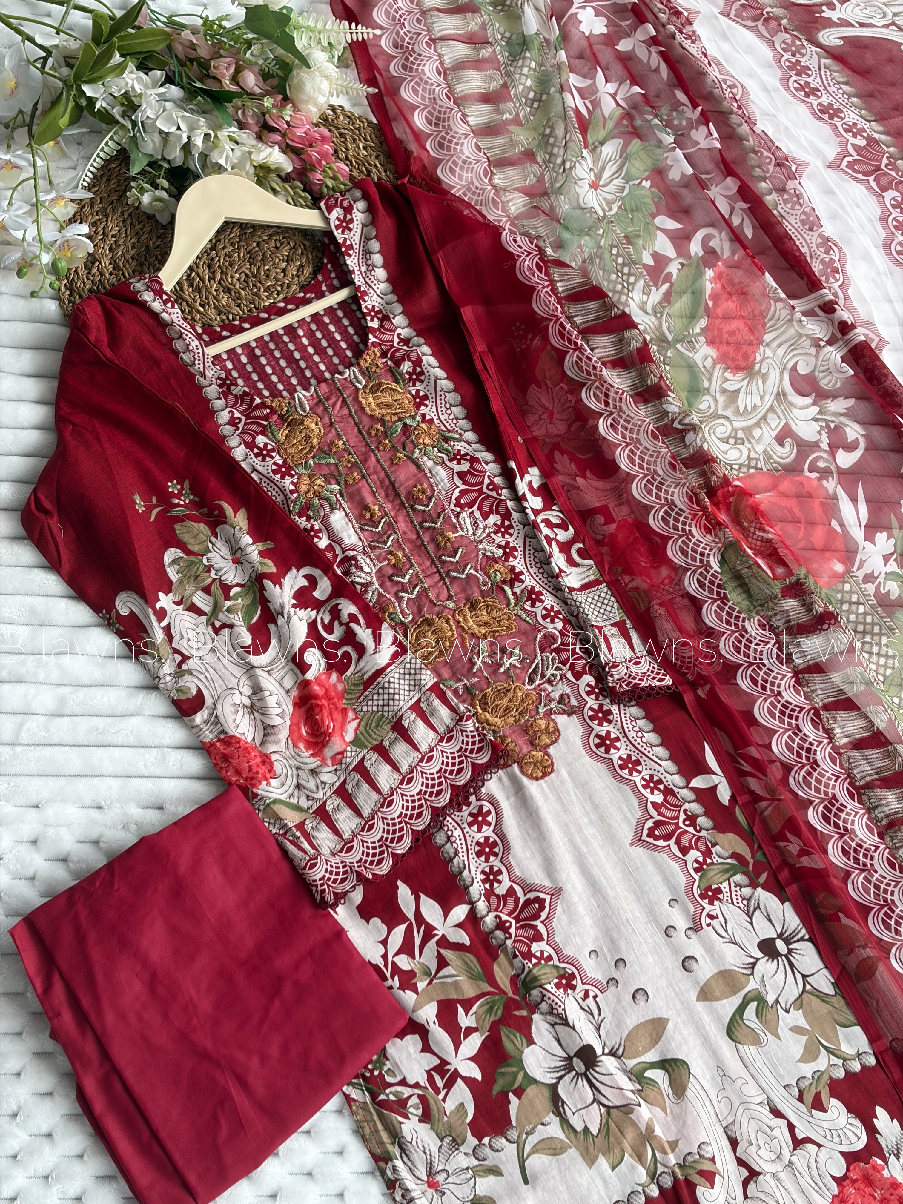 Embroidered Pakistani Lawn Suit with Chiffon Dupatta BLW-