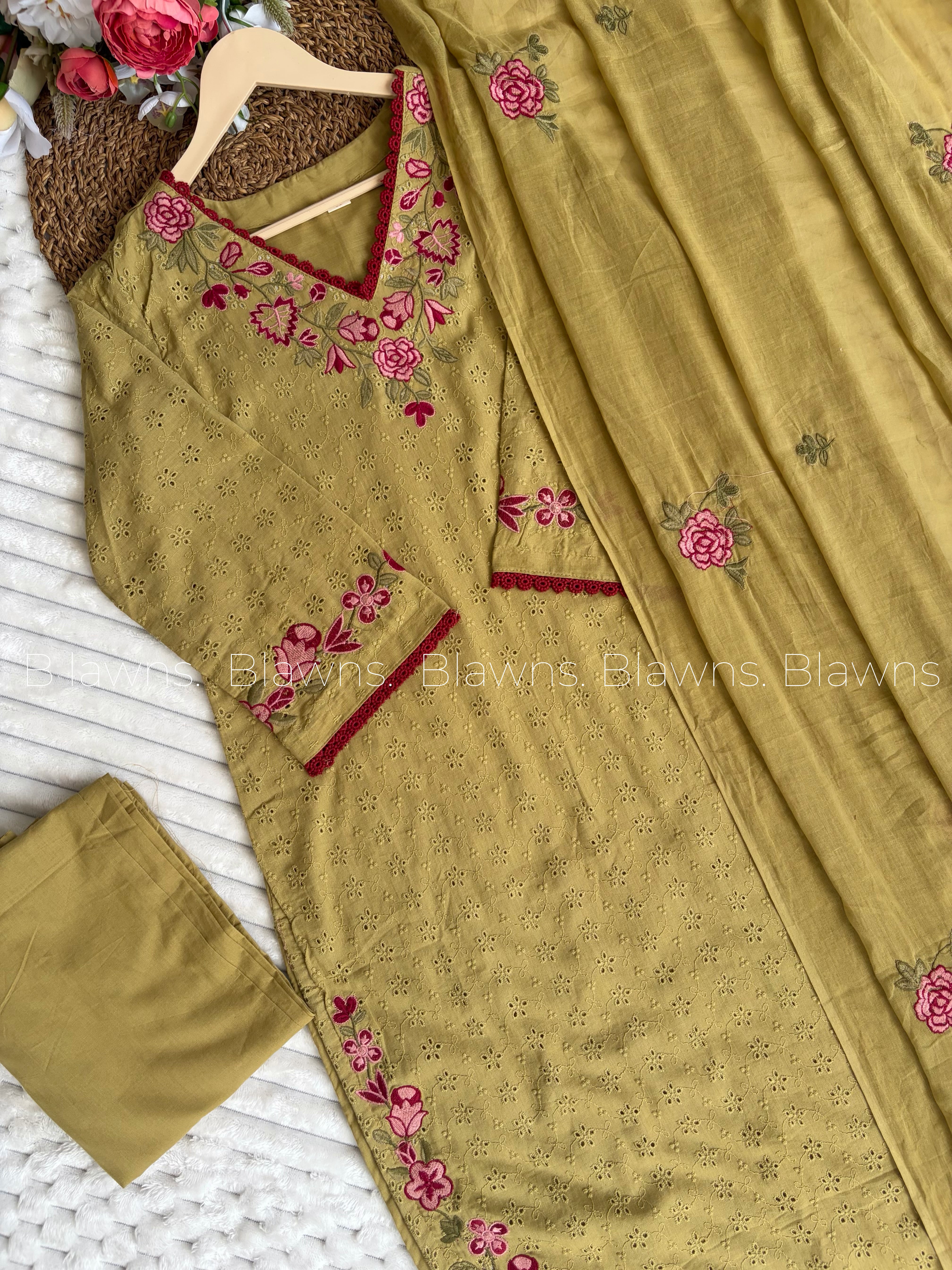 Cotton schiffli embroidered 3 pc set