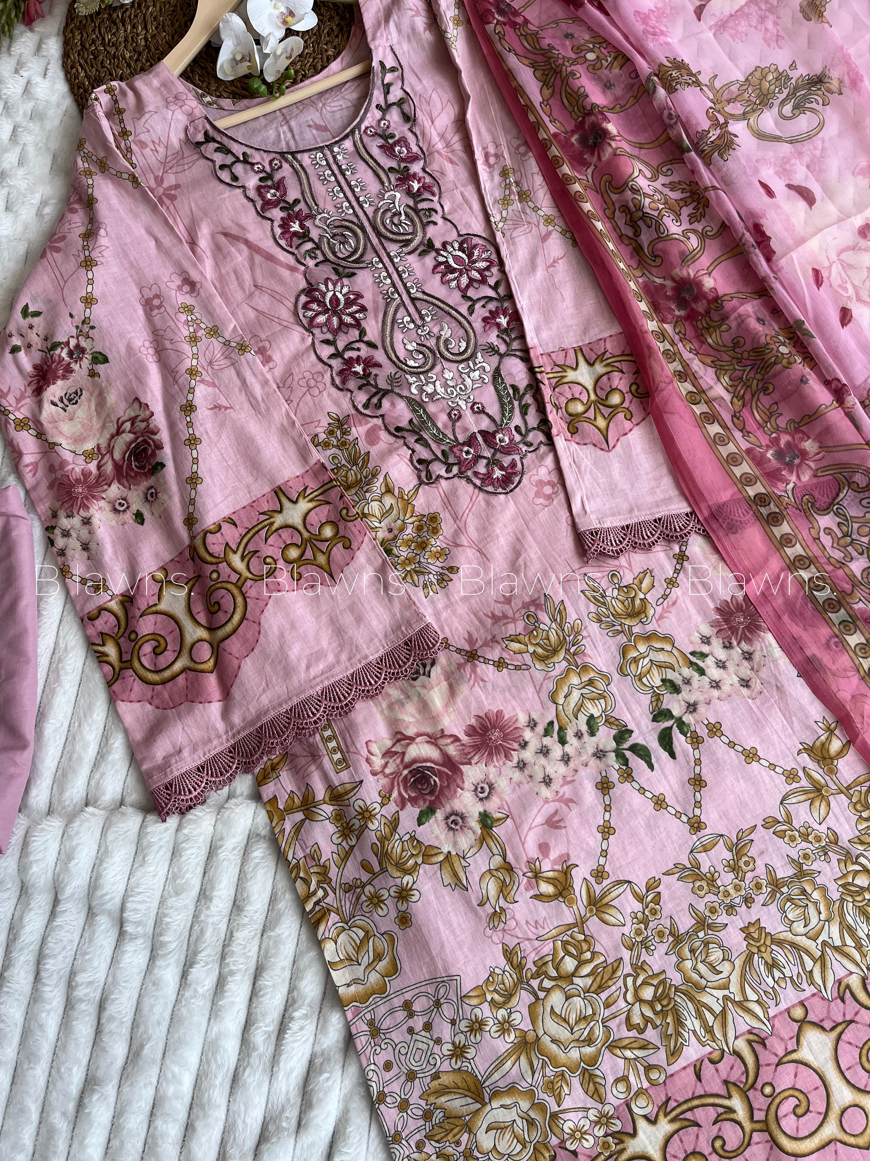 Embroidered Pakistani Unstitched Lawn Suit with Chiffon/Cotton Dupatta โ BLW-128