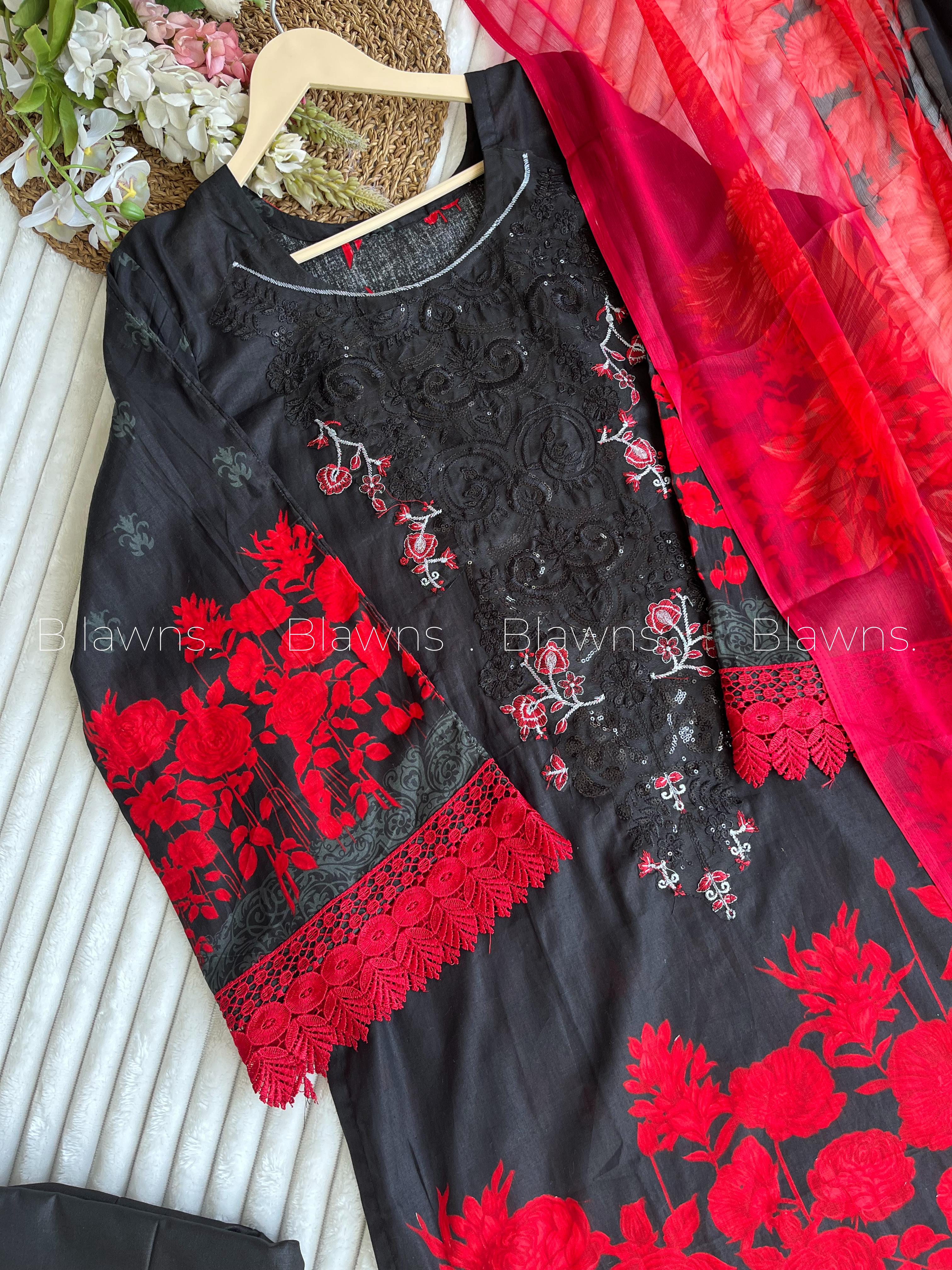 Embroidered Pakistani Unstitched Lawn Suit with Chiffon/Cotton Dupatta โ BLW-112