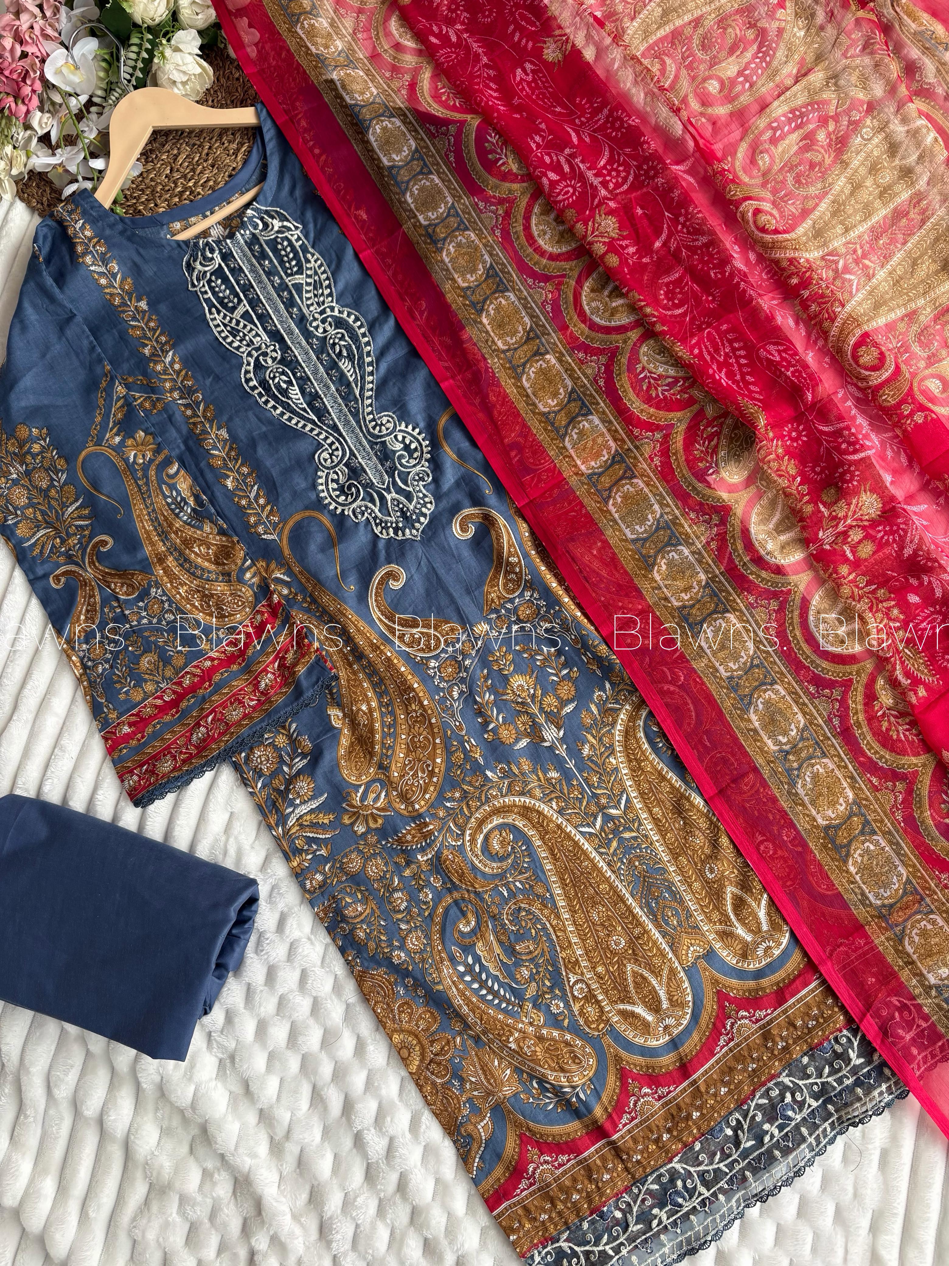 Embroidered Pakistani unstitched Suit with Chiffon/Cotton Dupatta Blw-136