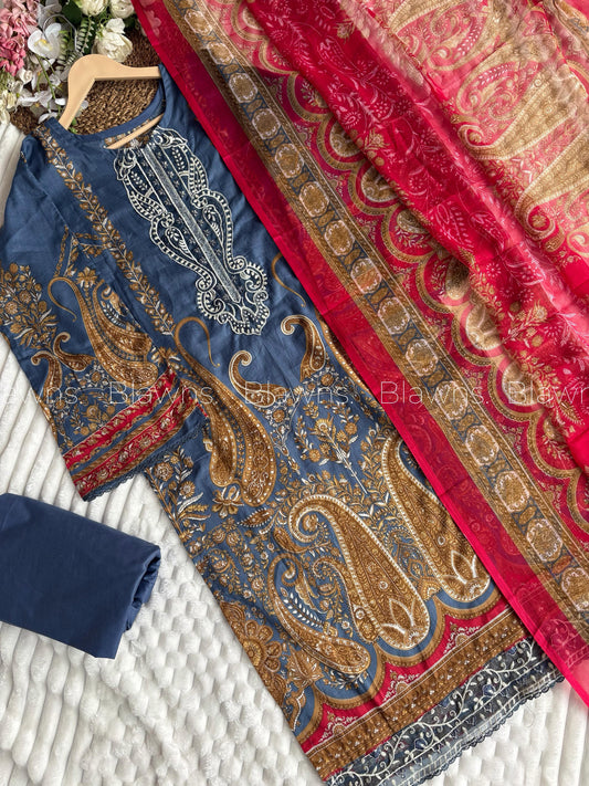 Embroidered Pakistani unstitched Suit with Chiffon/Cotton Dupatta Blw-1111