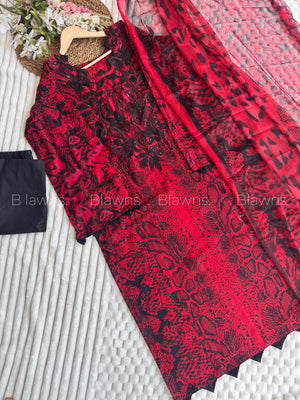 Readymade Pakistani suit with cotton top and chiffon dupatta - BLW-1051