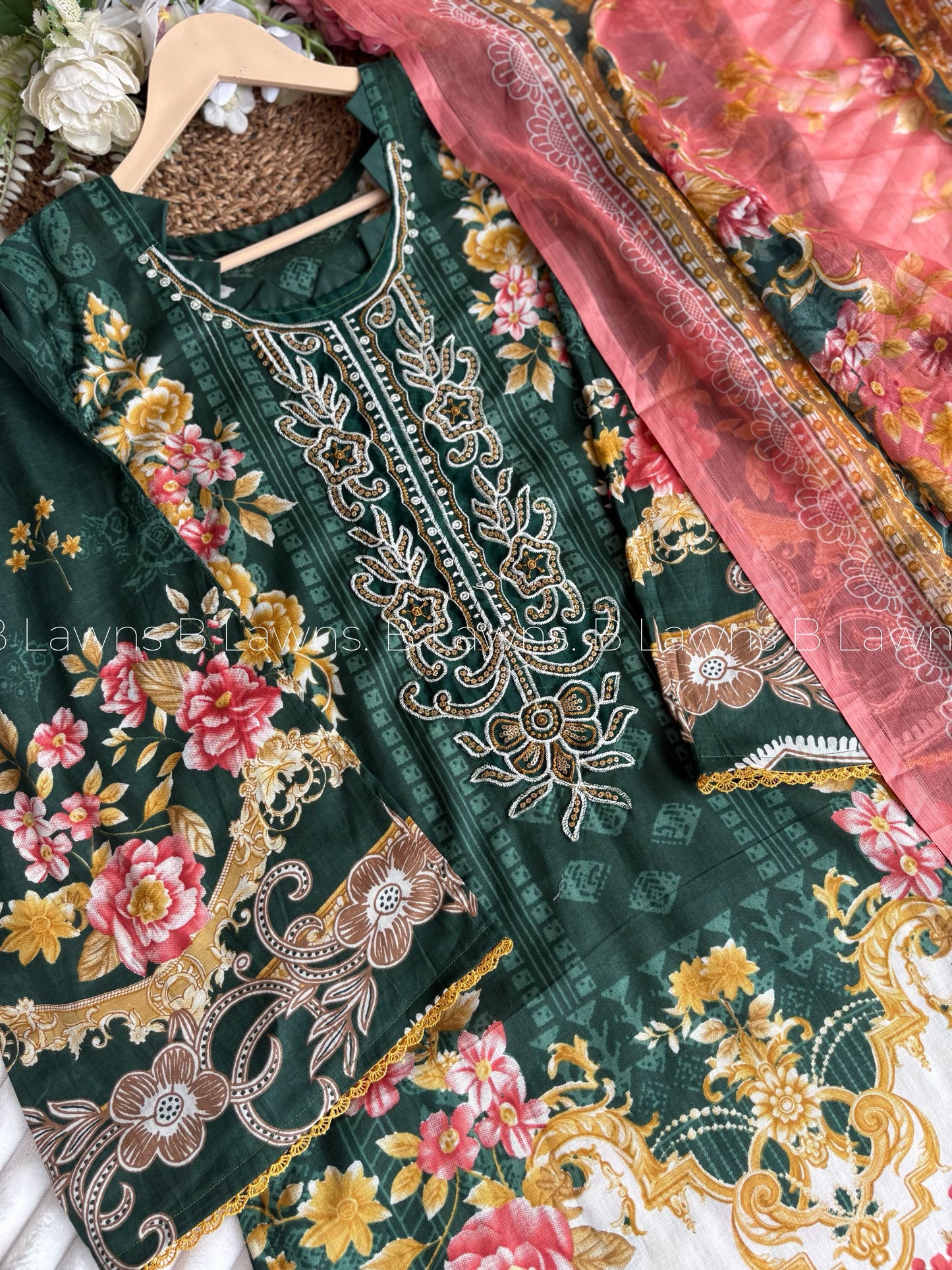 Embroidered Pakistani Unstitched Lawn Suit with Chiffon Dupatta BLW-1022