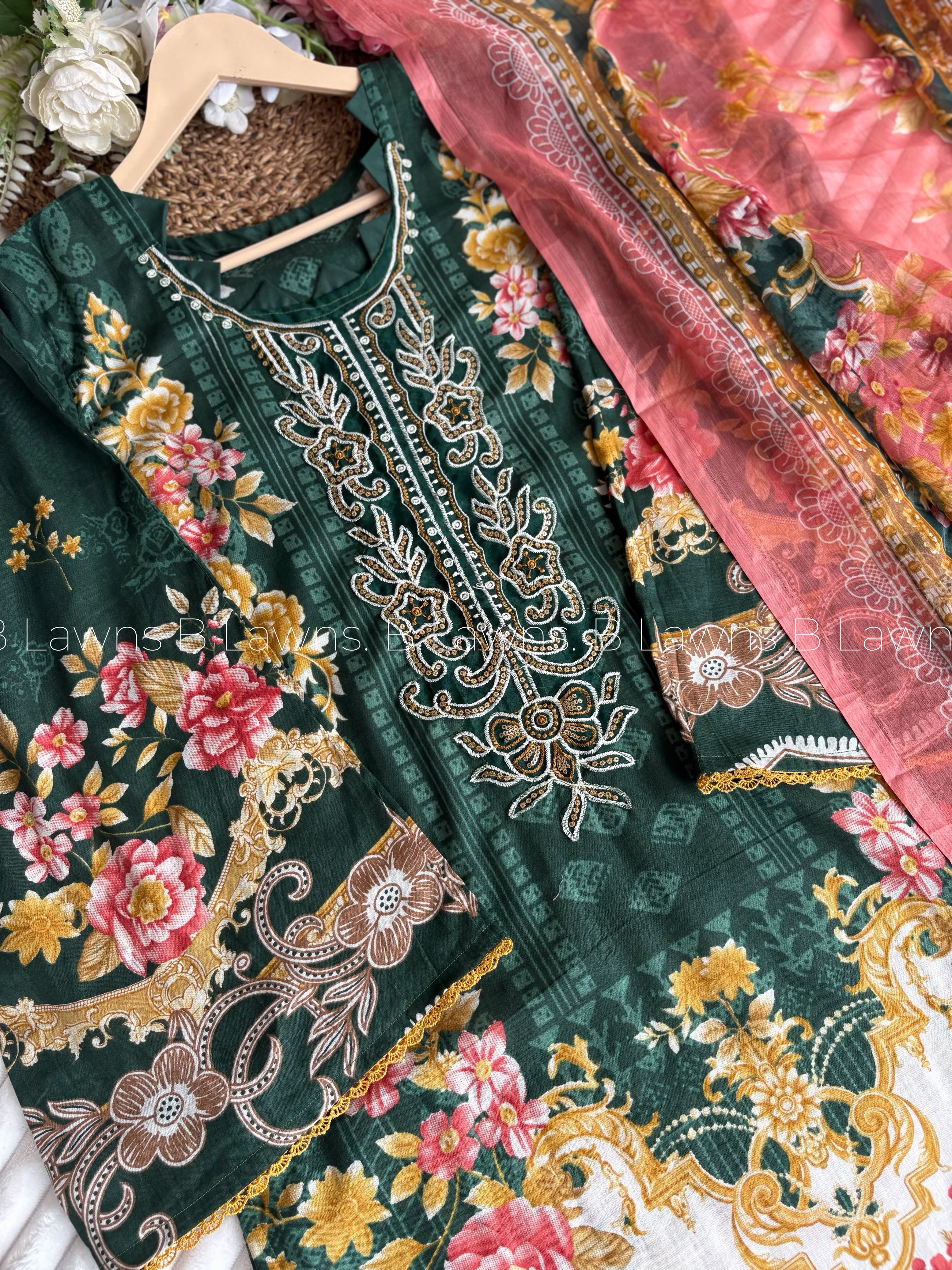 Embroidered Pakistani Unstitched Lawn Suit with Chiffon Dupatta BLW-1022