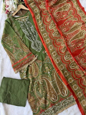 Embroidered Pakistani unstitched lawn suit with chiffon dupatta - BLW-38