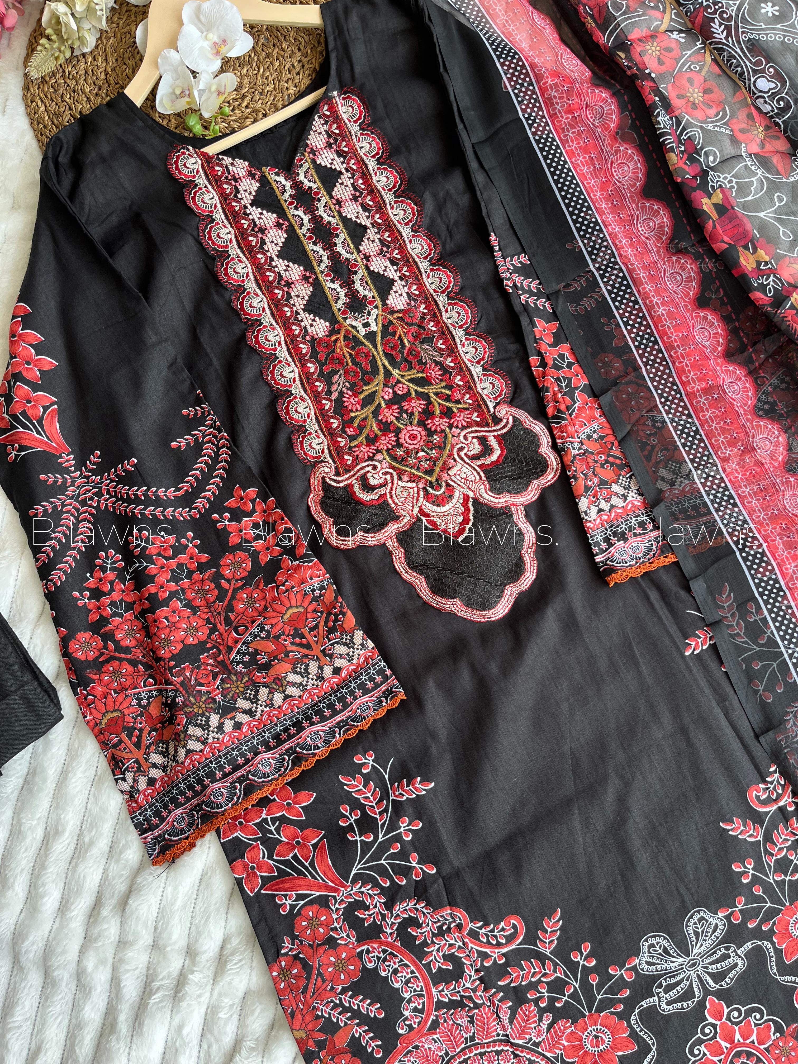 Embroidered Pakistani Unstitched Lawn Suit with Chiffon/Cotton Dupatta โ BLW-130