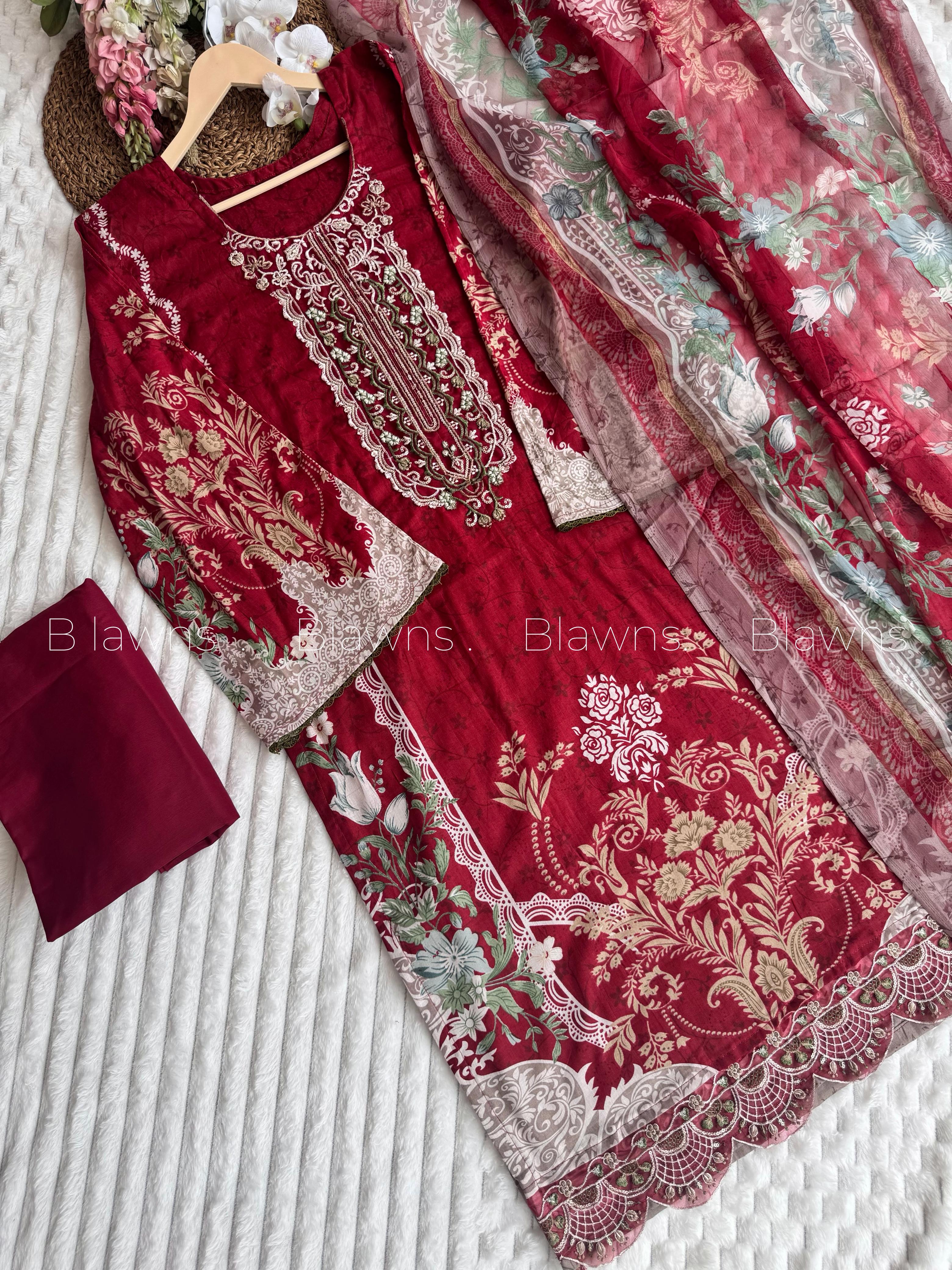 Embroidered Pakistani Suit with Chiffon Dupatta โ BLW-1014