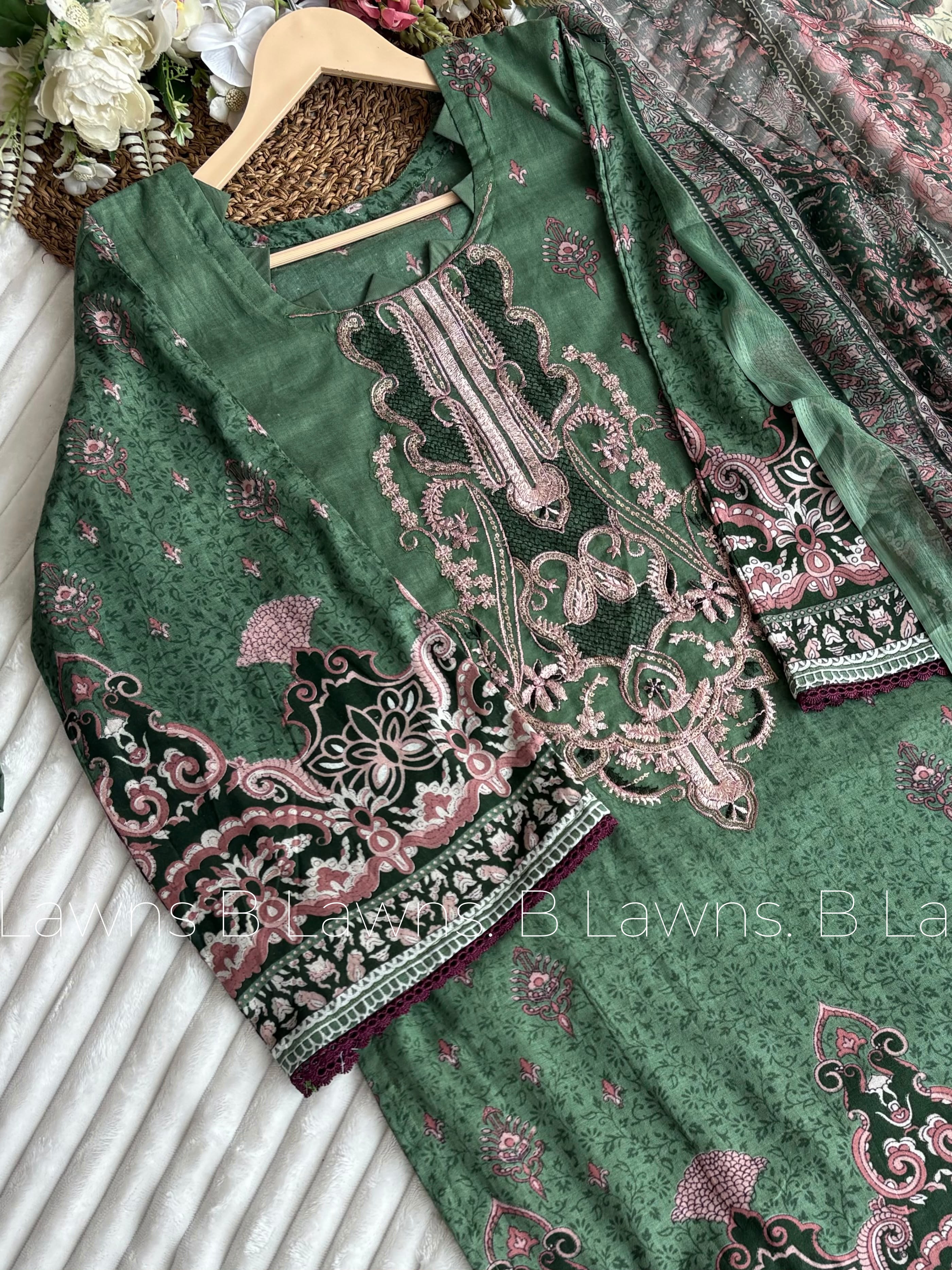 Embroidered Pakistani Unstitched Lawn Suit with Chiffon Dupatta BLW-1002