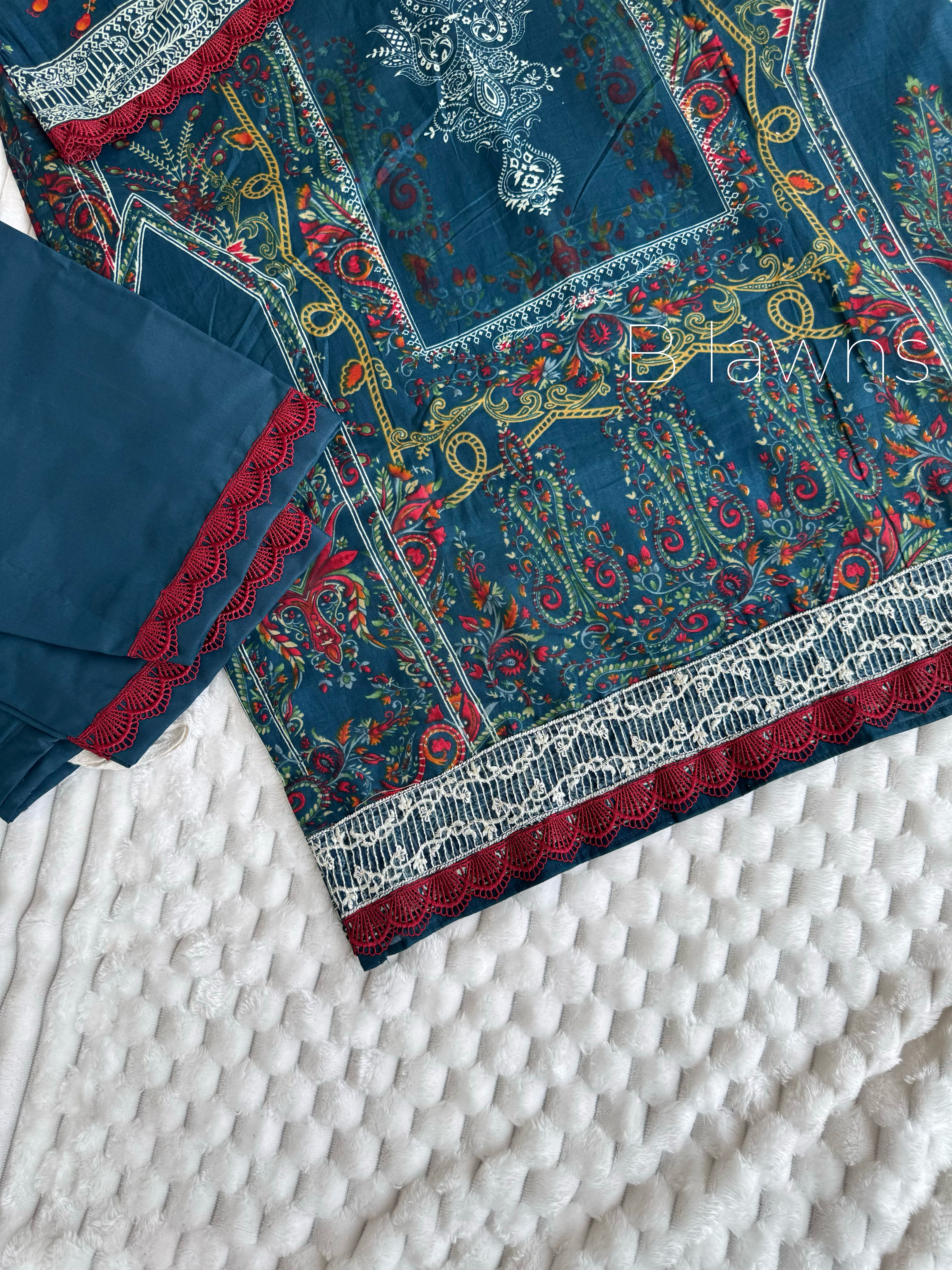 Peacock print Pakistani suit, close-up detail