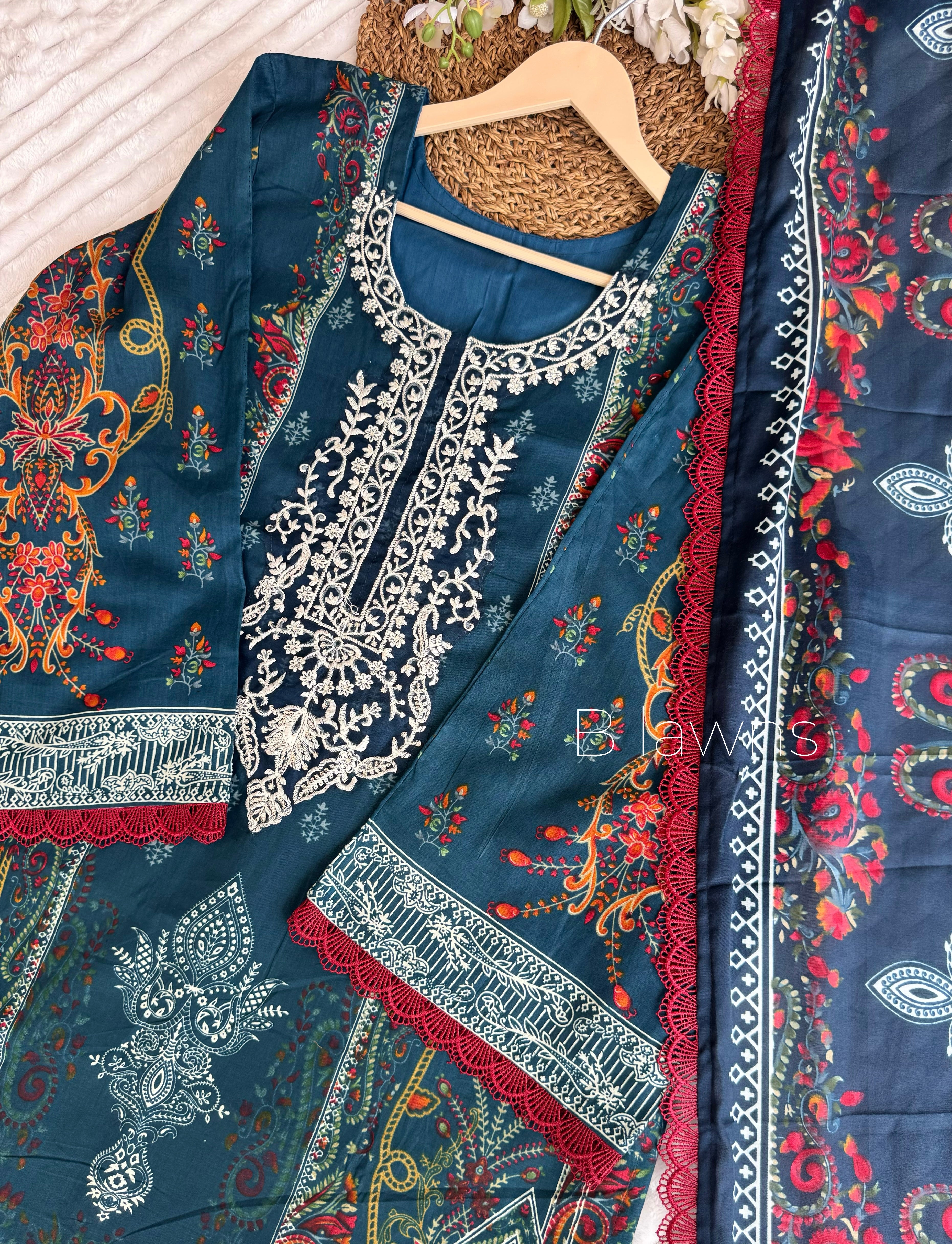 Peacock print Pakistani suit, styled view