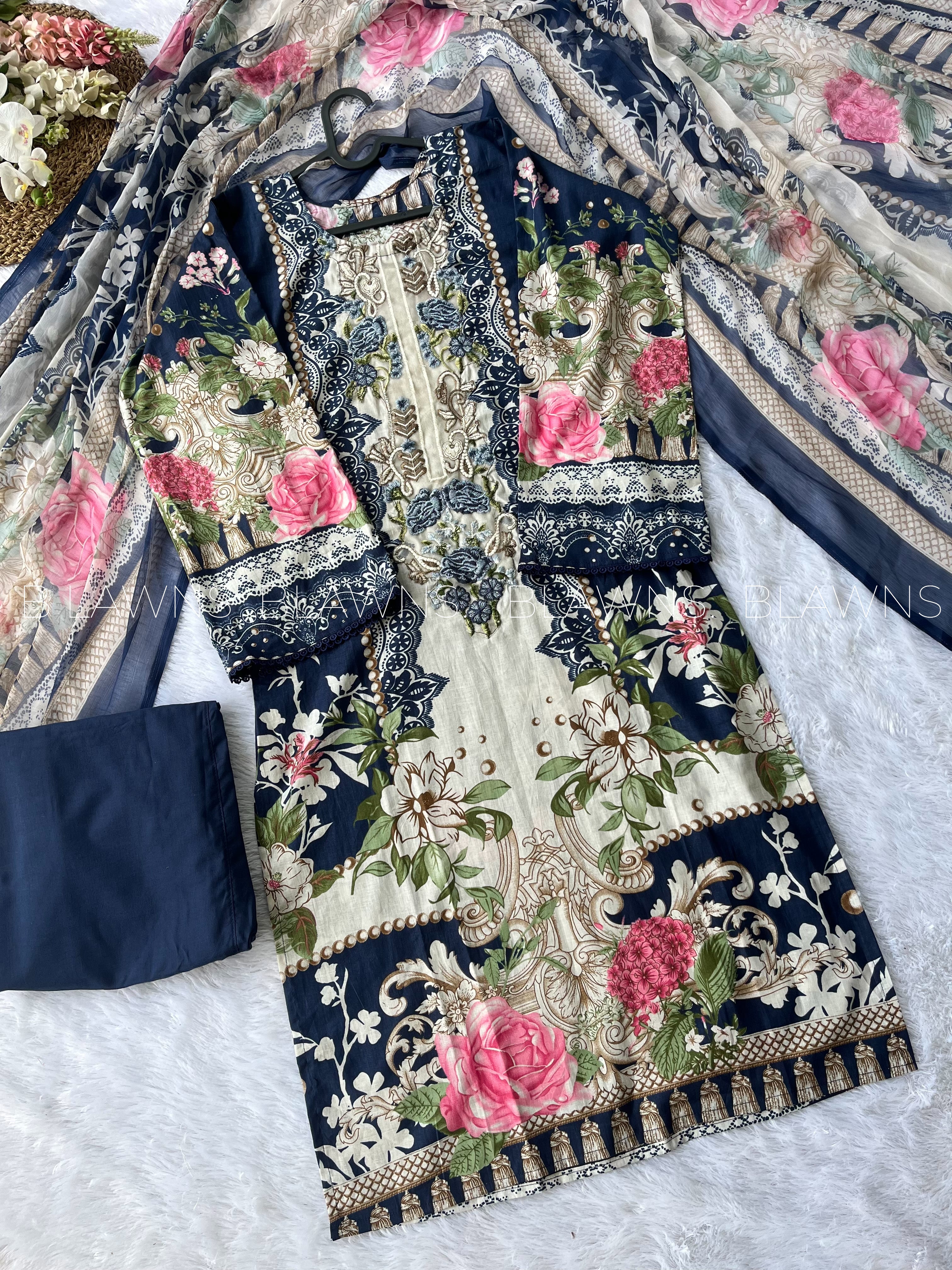 Embroidered Pakistani unstitched lawn suit with chiffon dupatta - BLW-1002