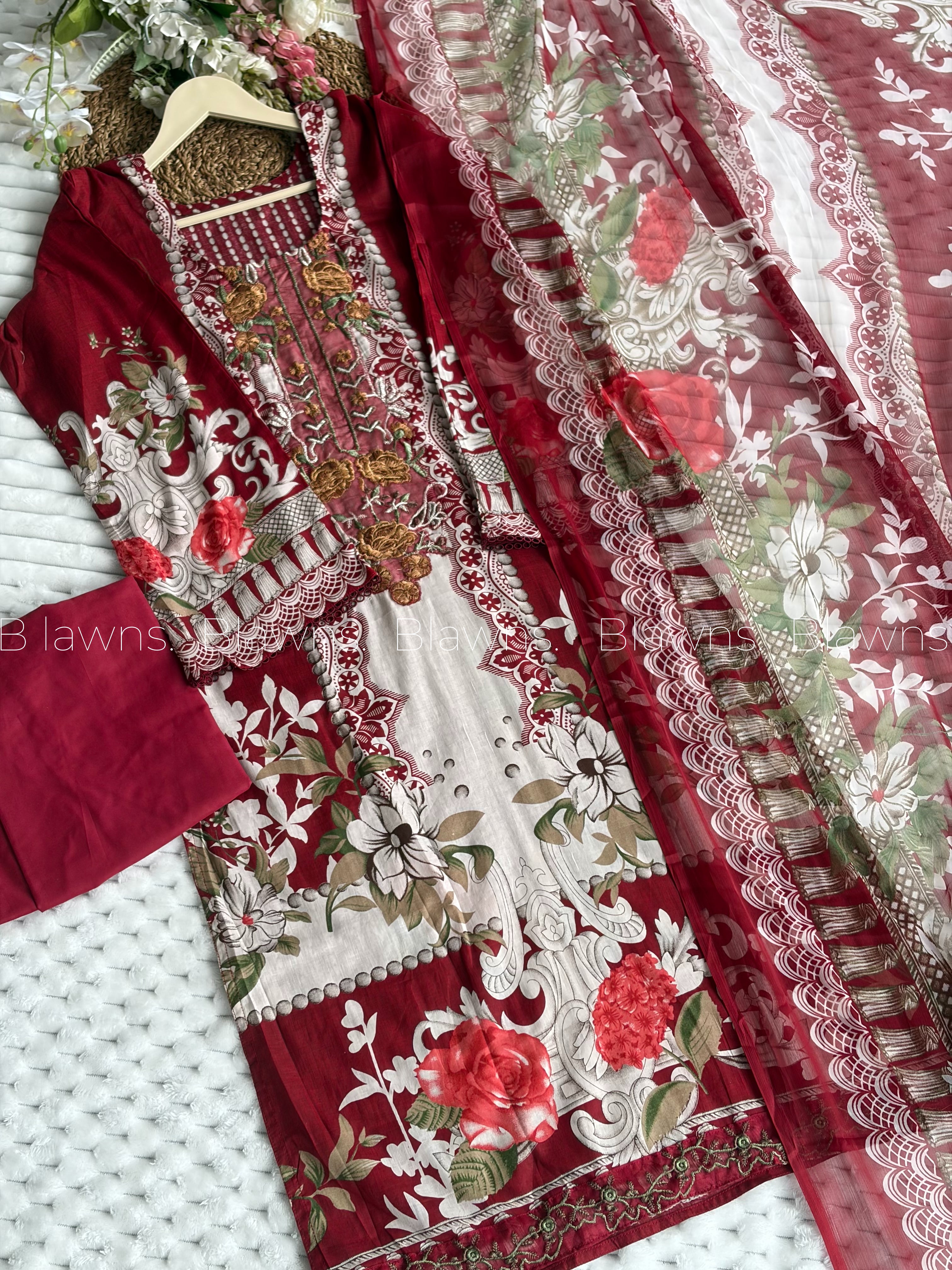 Embroidered Pakistani Lawn Suit with Chiffon Dupatta BLW-