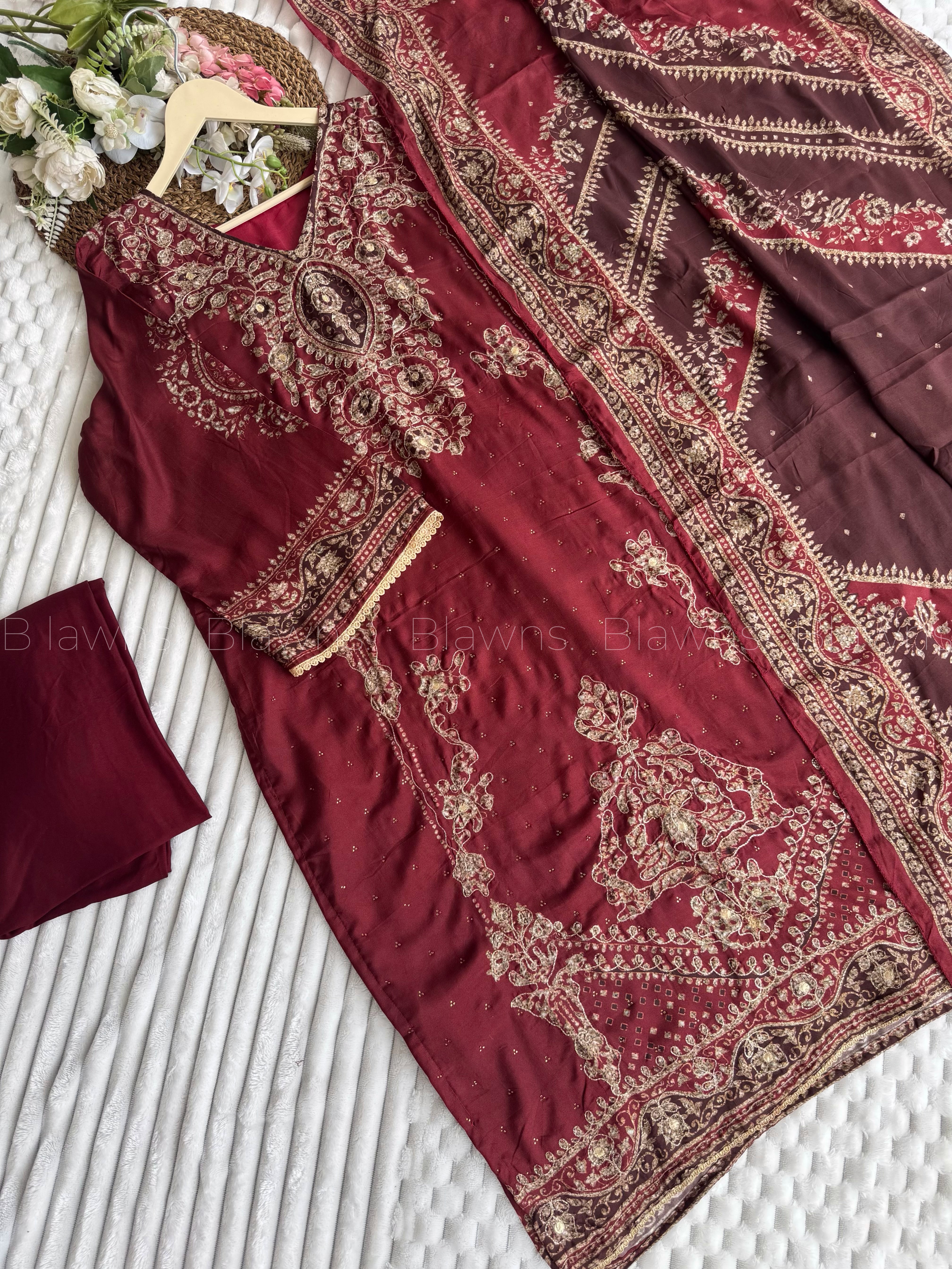 Cherry red unstitched Muslin suit set