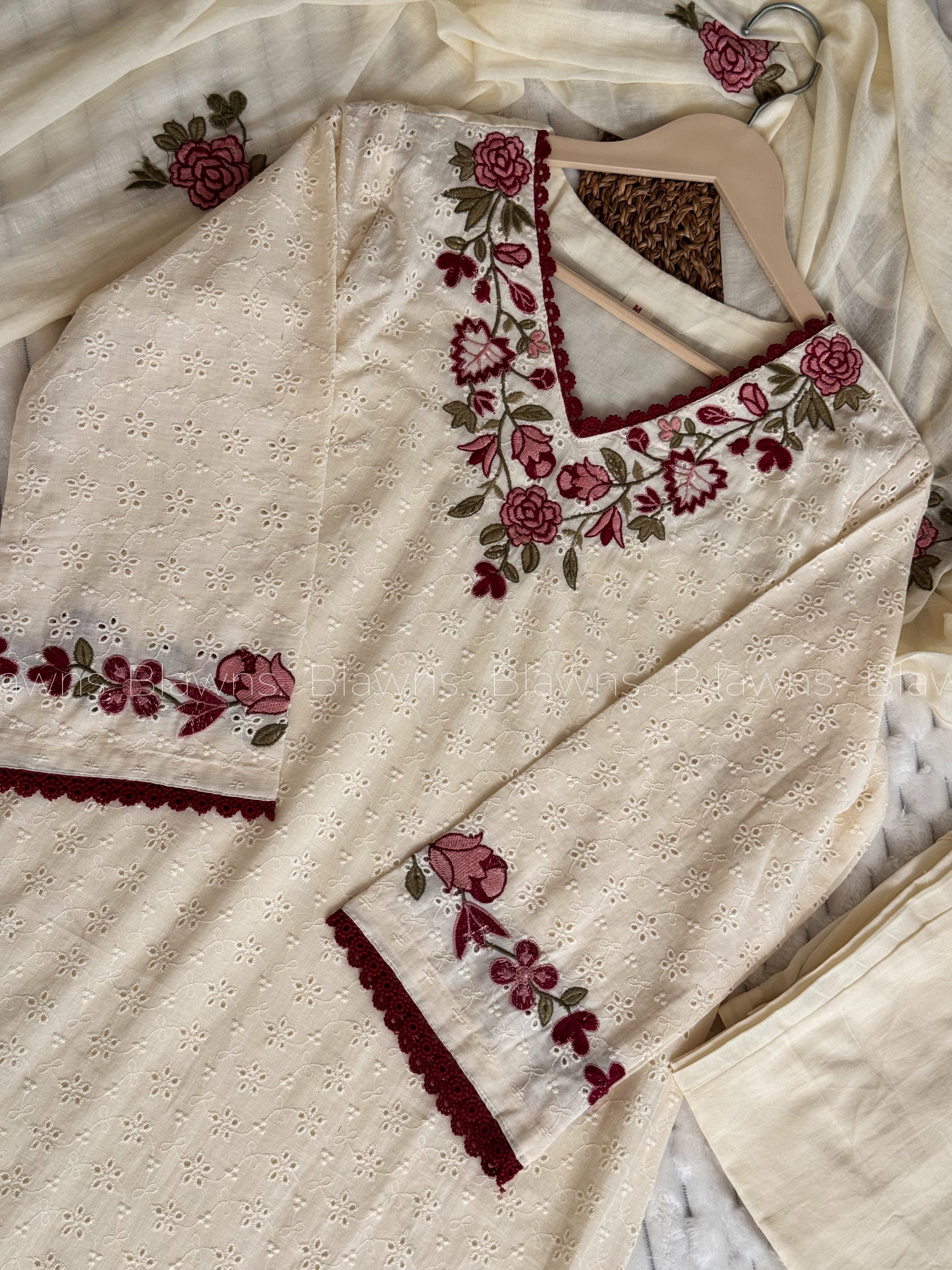 Cotton schiffli embroidered 3 pc set