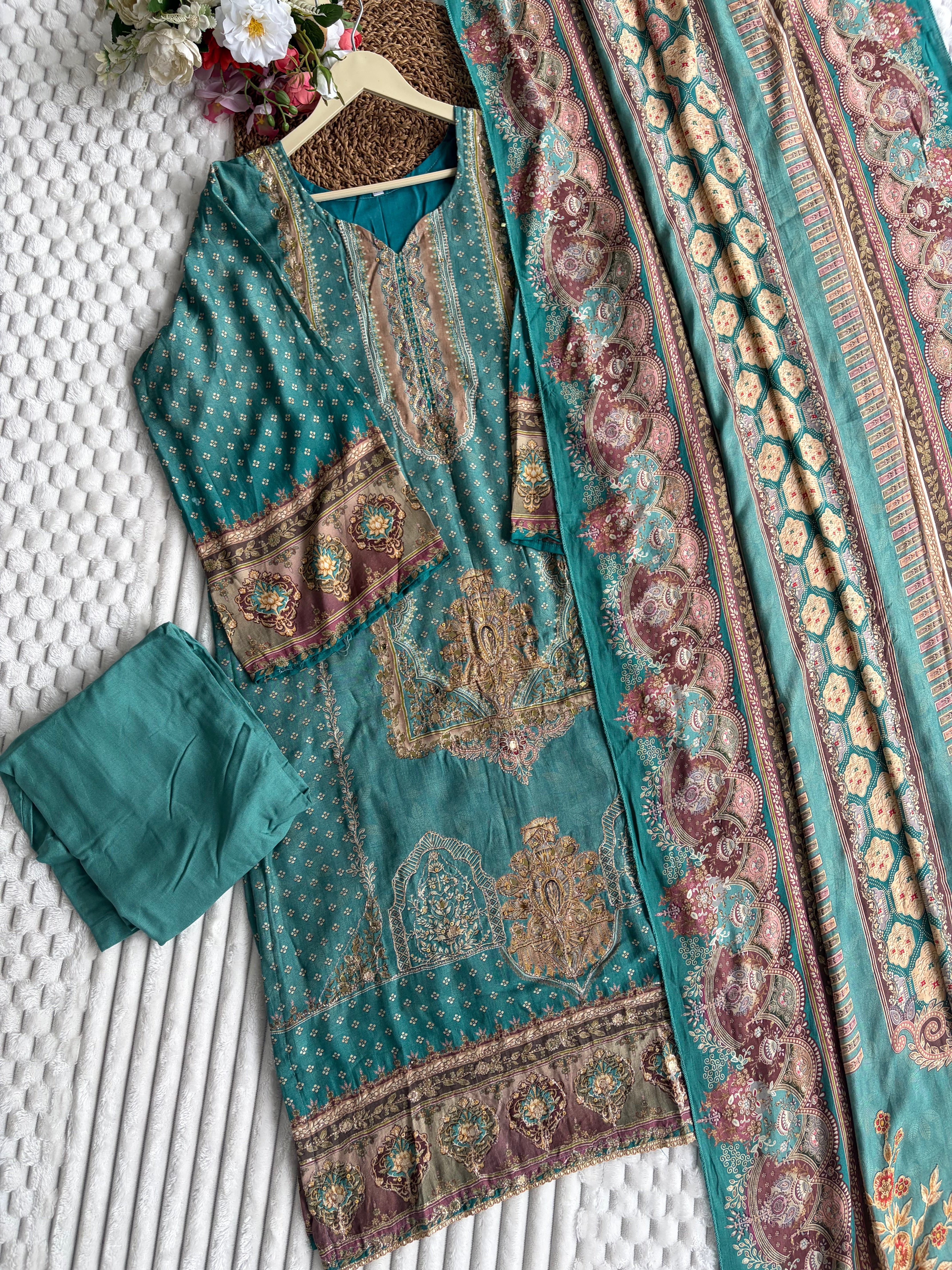 Teel green Readymade Muslin Pakistani suit