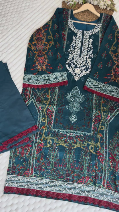 Embroidered Pakistani Unstitched Lawn Suit with Chiffon/Cotton Dupatta – BLW-99
