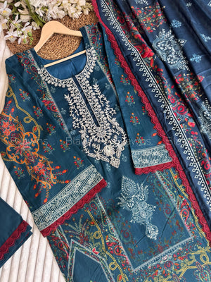 Embroidered Pakistani unstitched lawn suit with chiffon dupatta - BLW-99