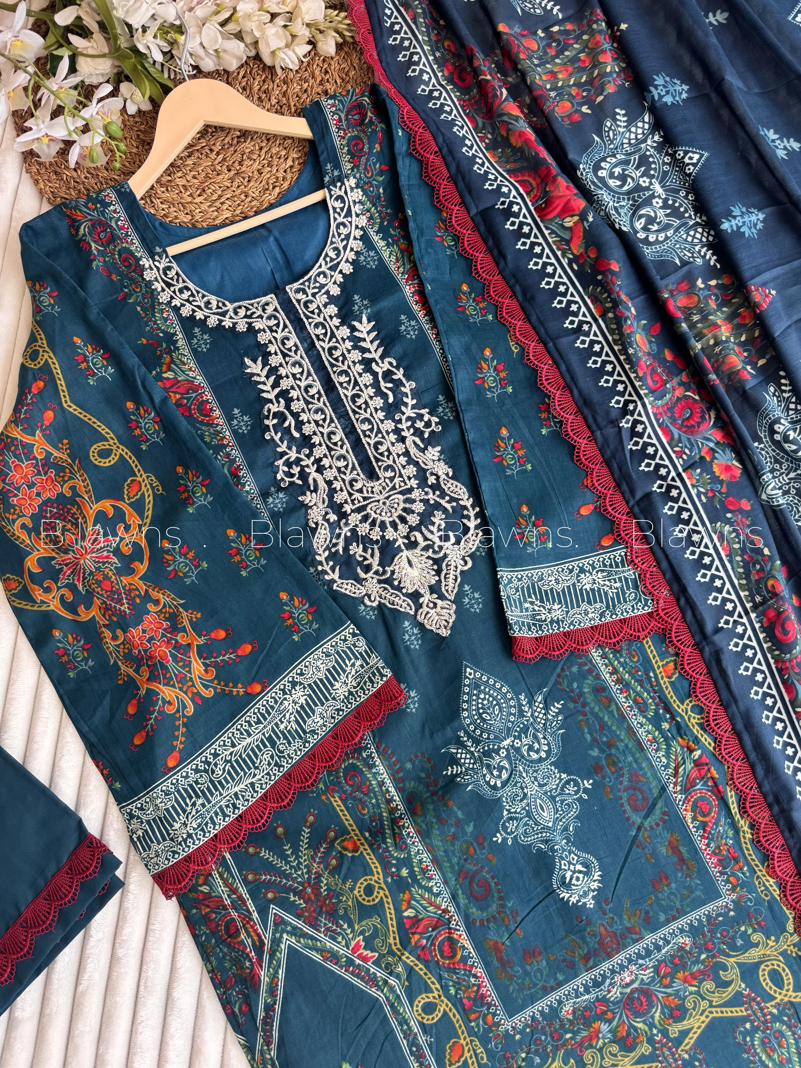 Embroidered Pakistani unstitched lawn suit with chiffon dupatta - BLW-99