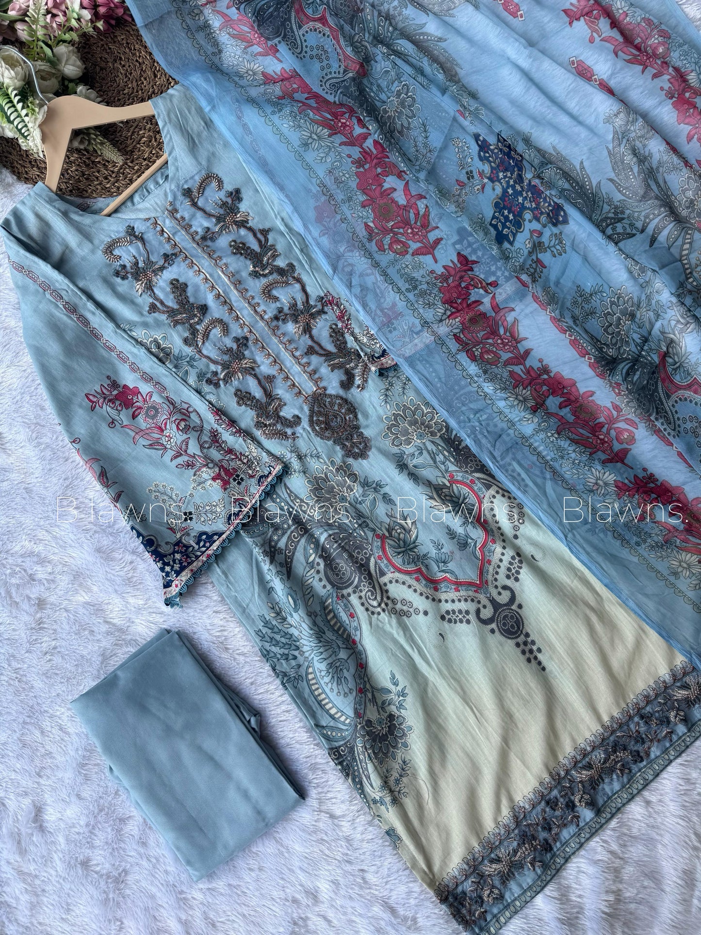 Embroidered Pakistani Unstitched Lawn Suit with Chiffon/Cotton Dupatta – BLW-21