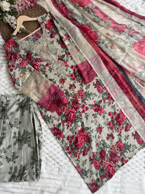 Readymade Pakistani suit with cotton top and chiffon dupatta - BLW-1021