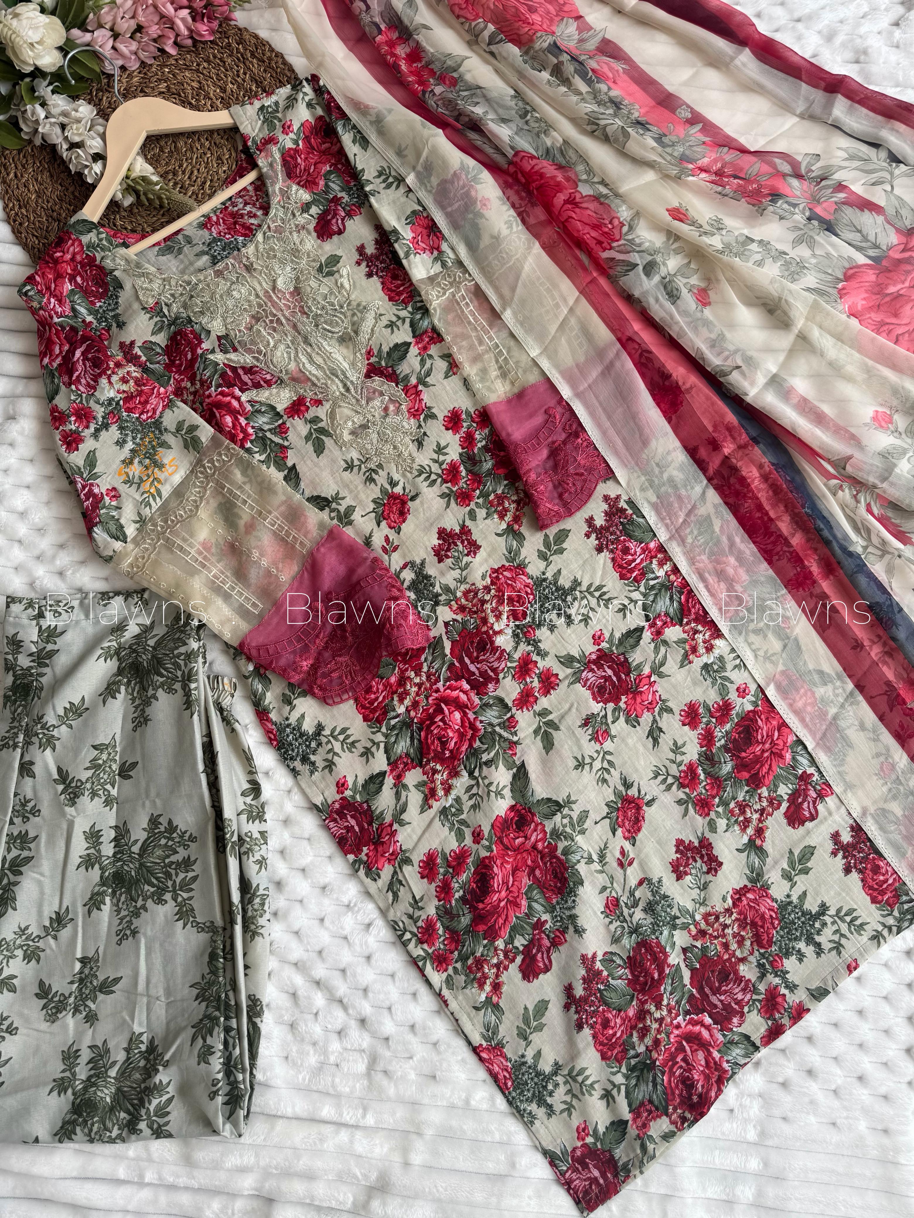 Readymade Pakistani suit with cotton top and chiffon dupatta - BLW-1021