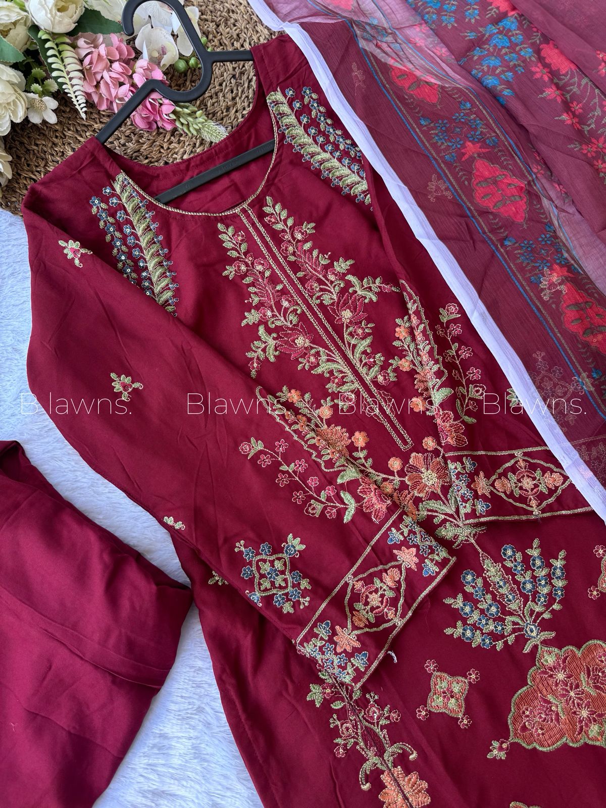 Readymade Pakistani suit with cotton top and chiffon dupatta - BLW-1011