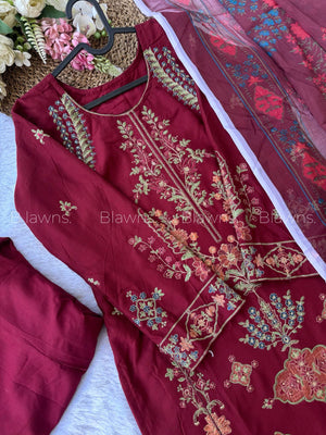 Readymade Pakistani suit with cotton top and chiffon dupatta - BLW-1011