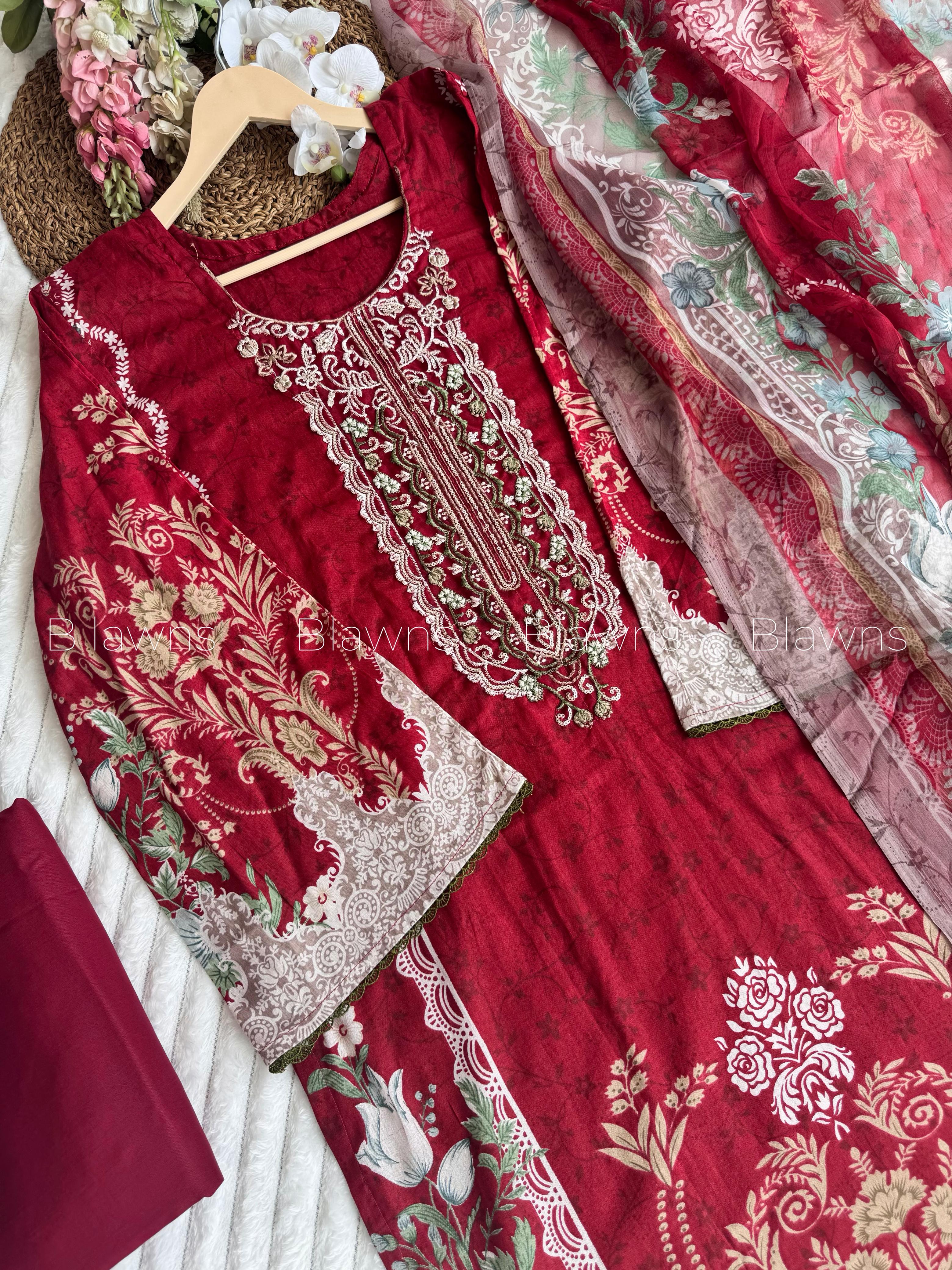 Embroidered Pakistani  Suit with Chiffon Dupatta – BLW-1014