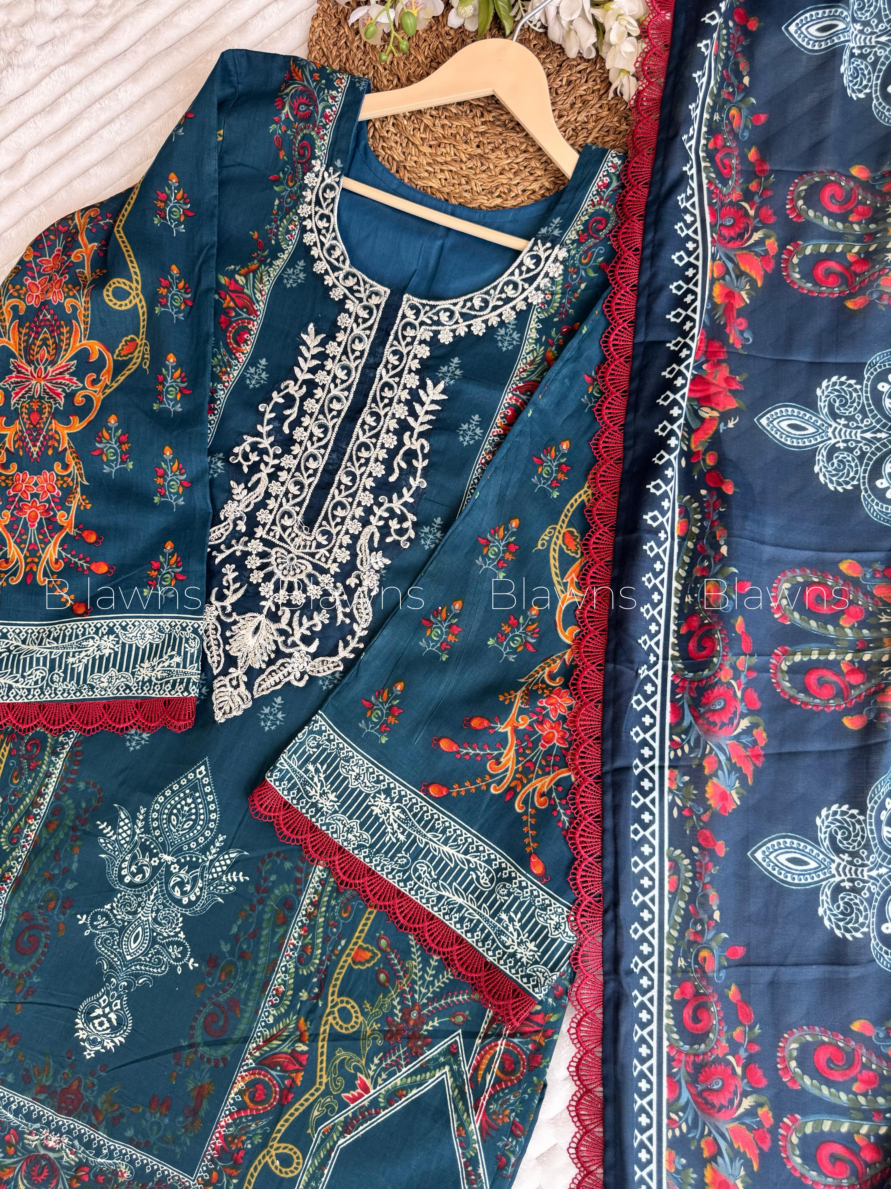 Embroidered lawn cotton shirt detail, Pakistani suit BLW-99