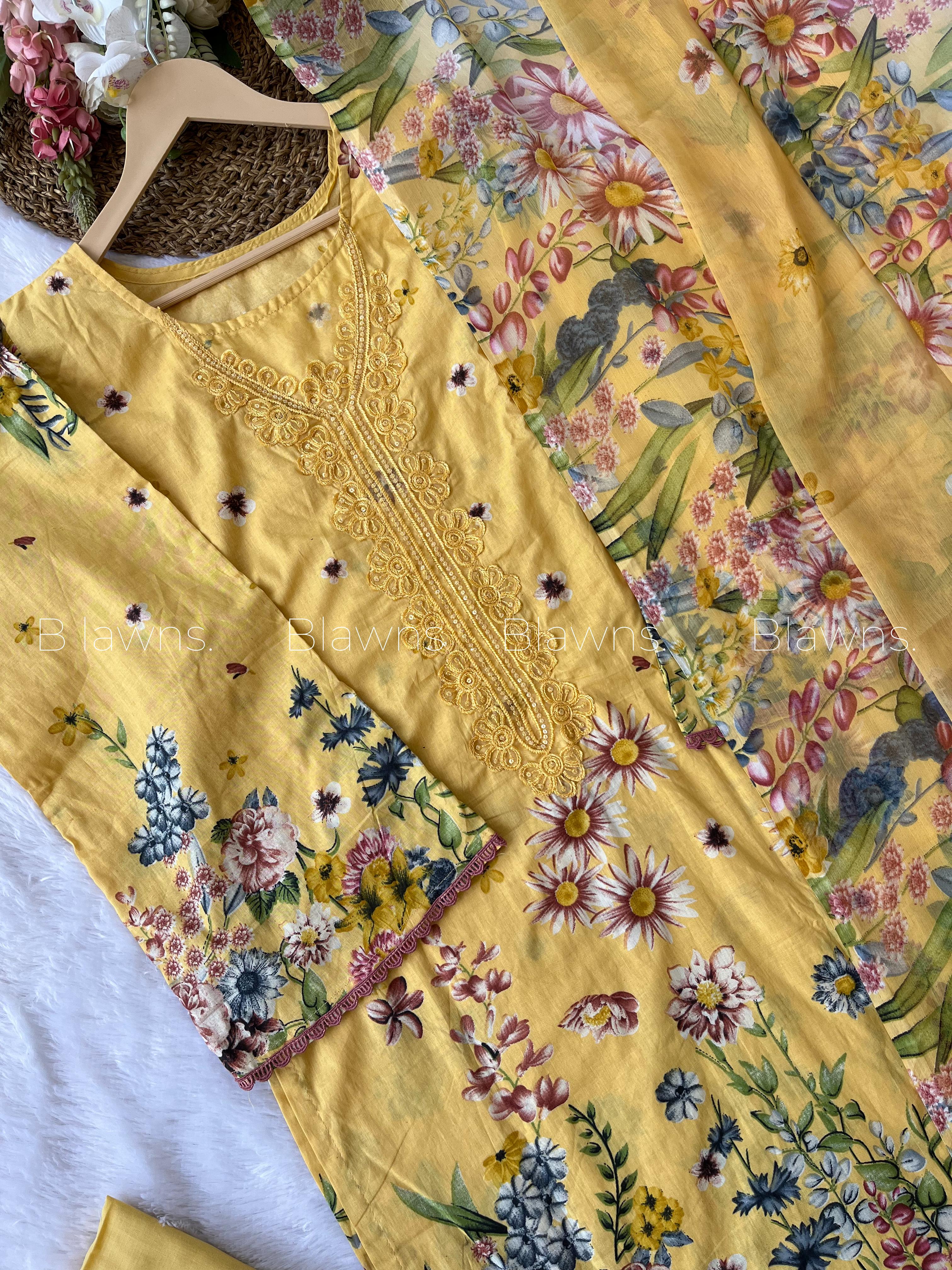 Floral Pakistani unstitched suit with lining, digital print chiffon dupatta - BLW-8