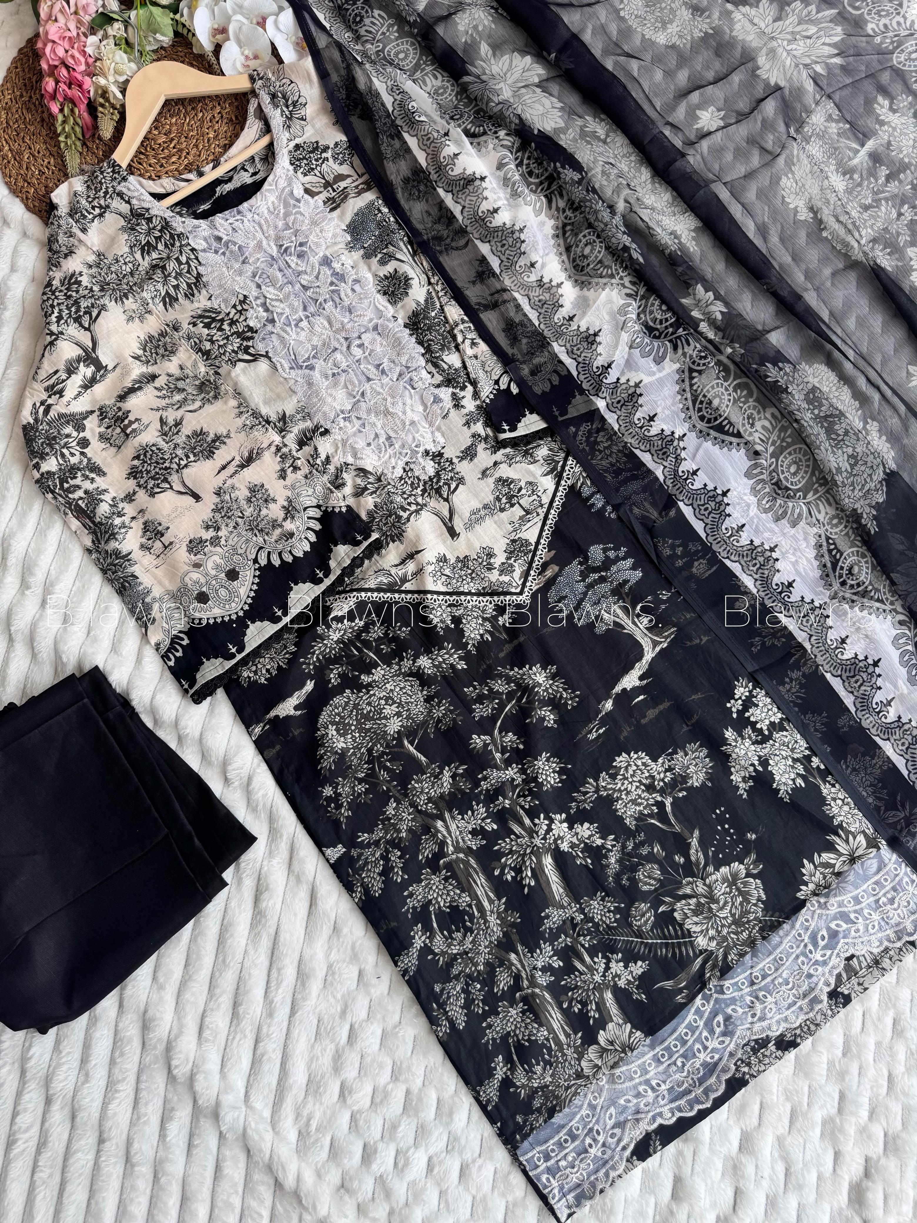 Readymade Pakistani suit with cotton top and chiffon dupatta - BLW-89