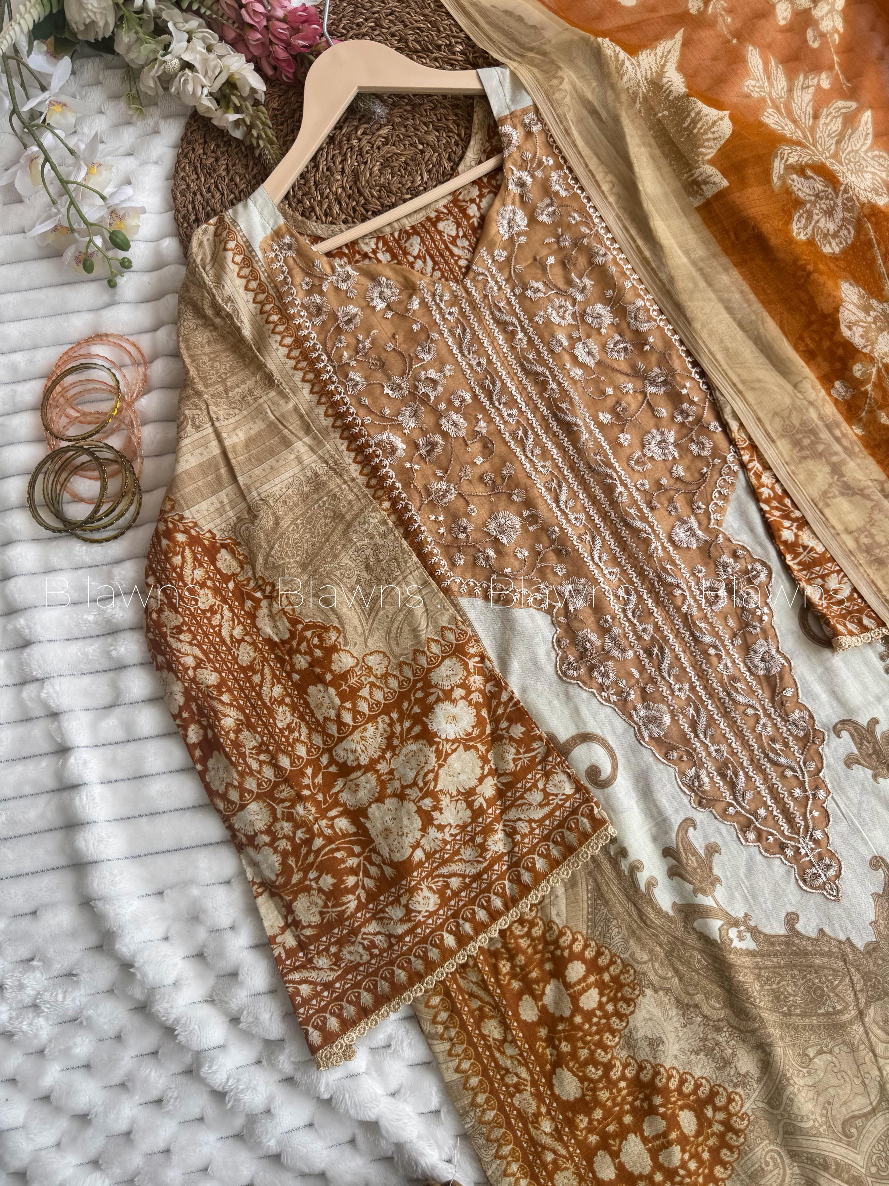 Readymade Pakistani suit with cotton top and chiffon dupatta - BLW-26