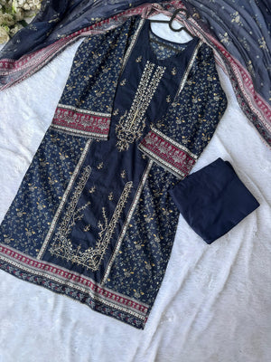 Readymade Pakistani suit with cotton top and chiffon dupatta - BLW-2