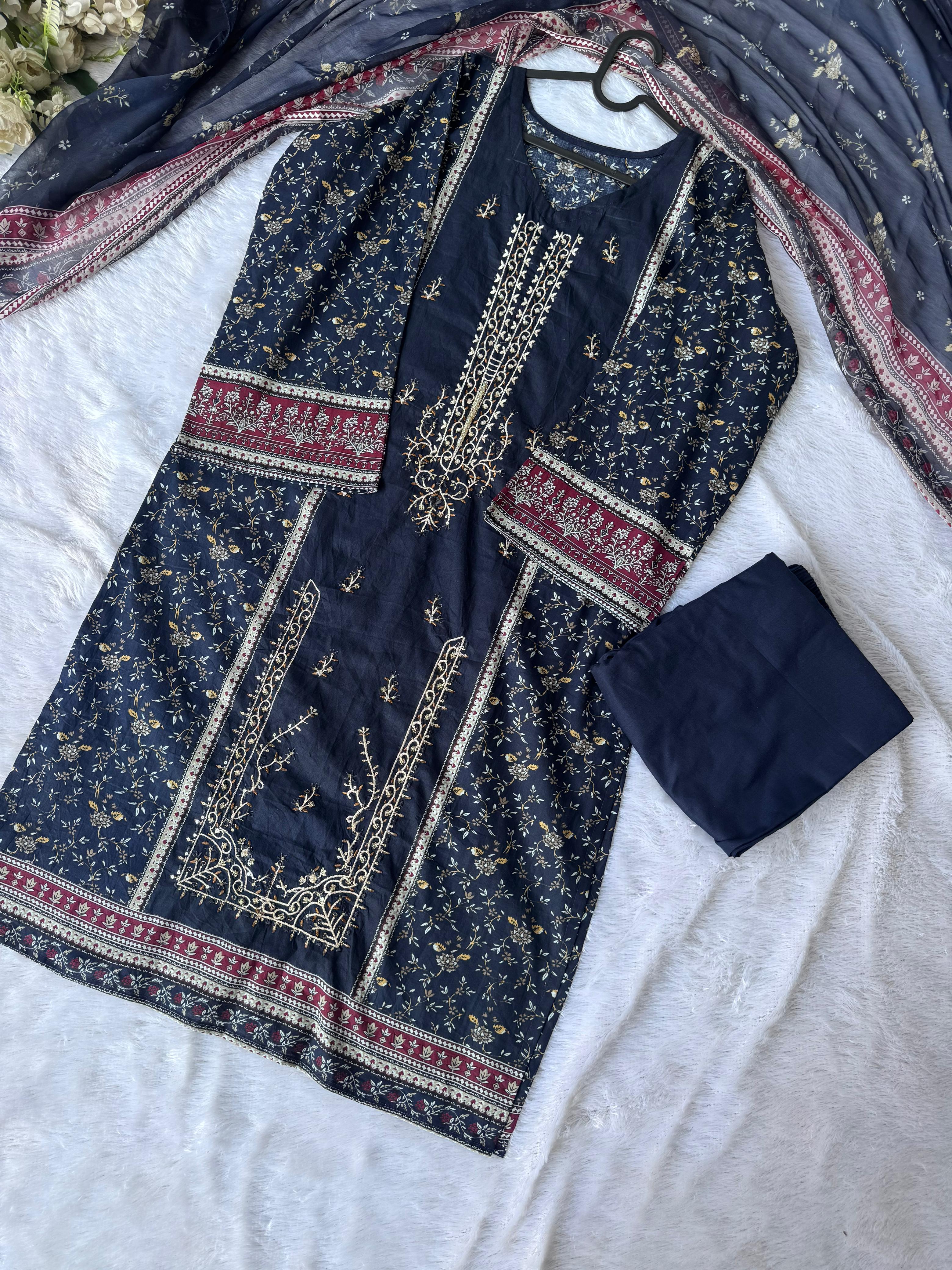 Readymade Pakistani suit with cotton top and chiffon dupatta - BLW-2