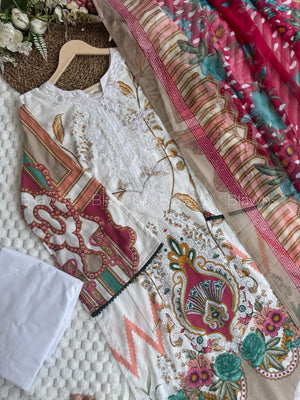 Readymade Pakistani suit with cotton top and chiffon dupatta - BLW-1003