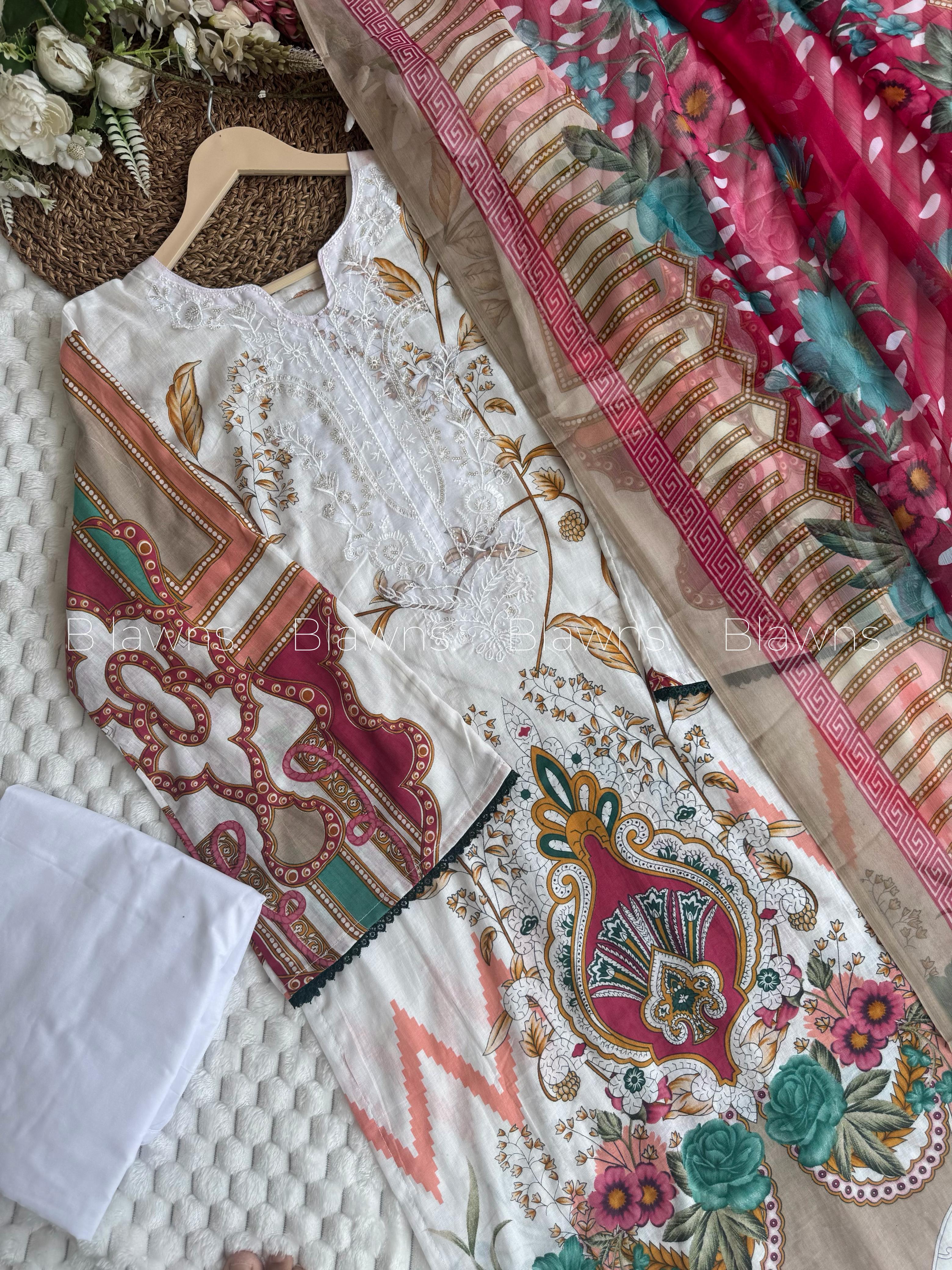 Readymade Pakistani suit with cotton top and chiffon dupatta - BLW-1003
