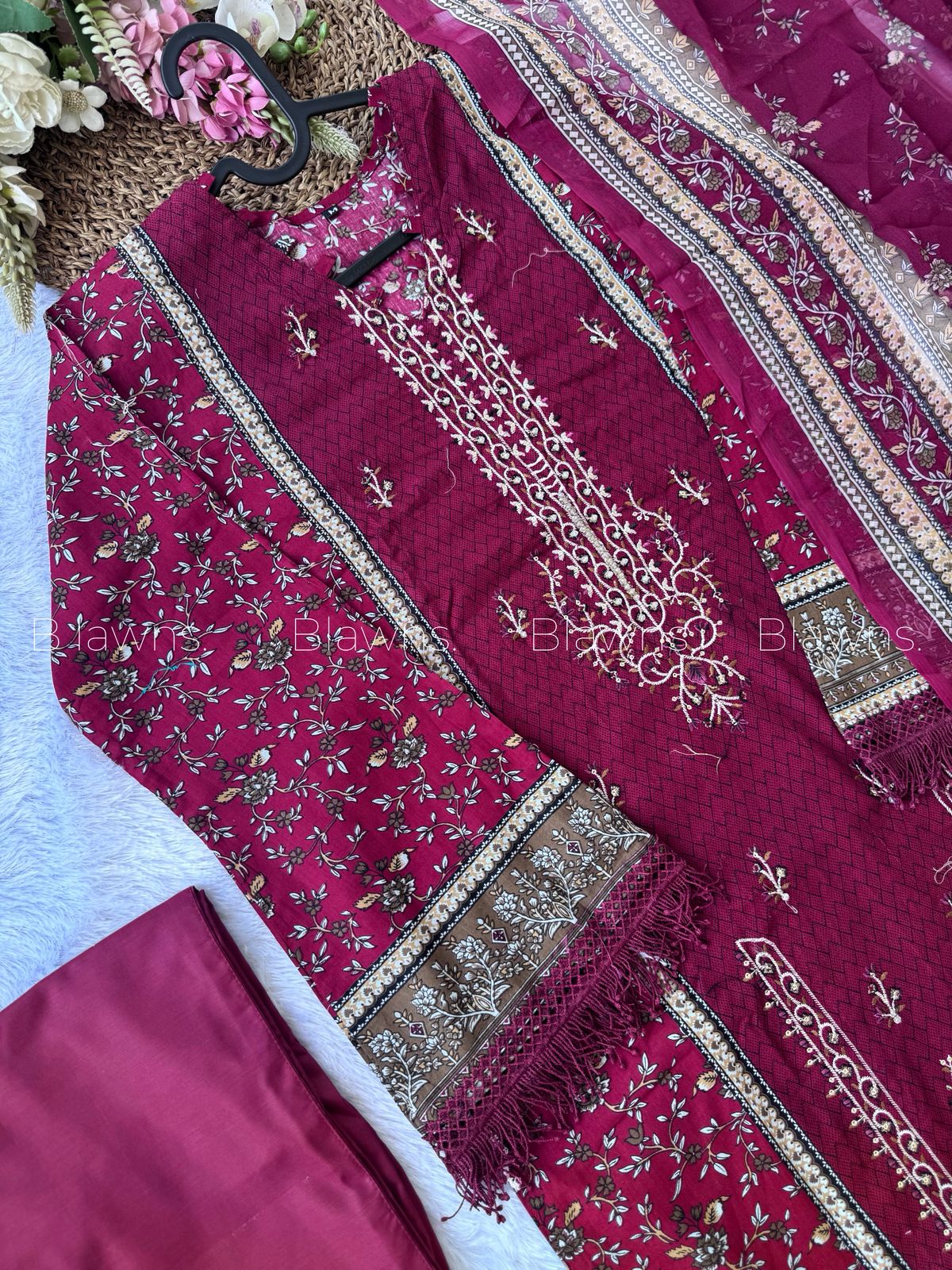 Readymade Pakistani suit with cotton top and chiffon dupatta - BLW-1