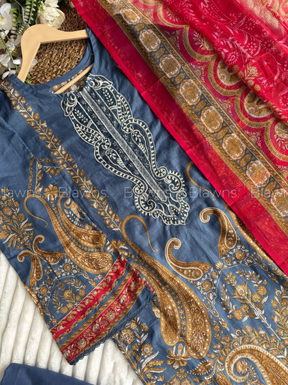 Embroidered Pakistani unstitched  Suit with Chiffon/Cotton Dupatta Blw-136
