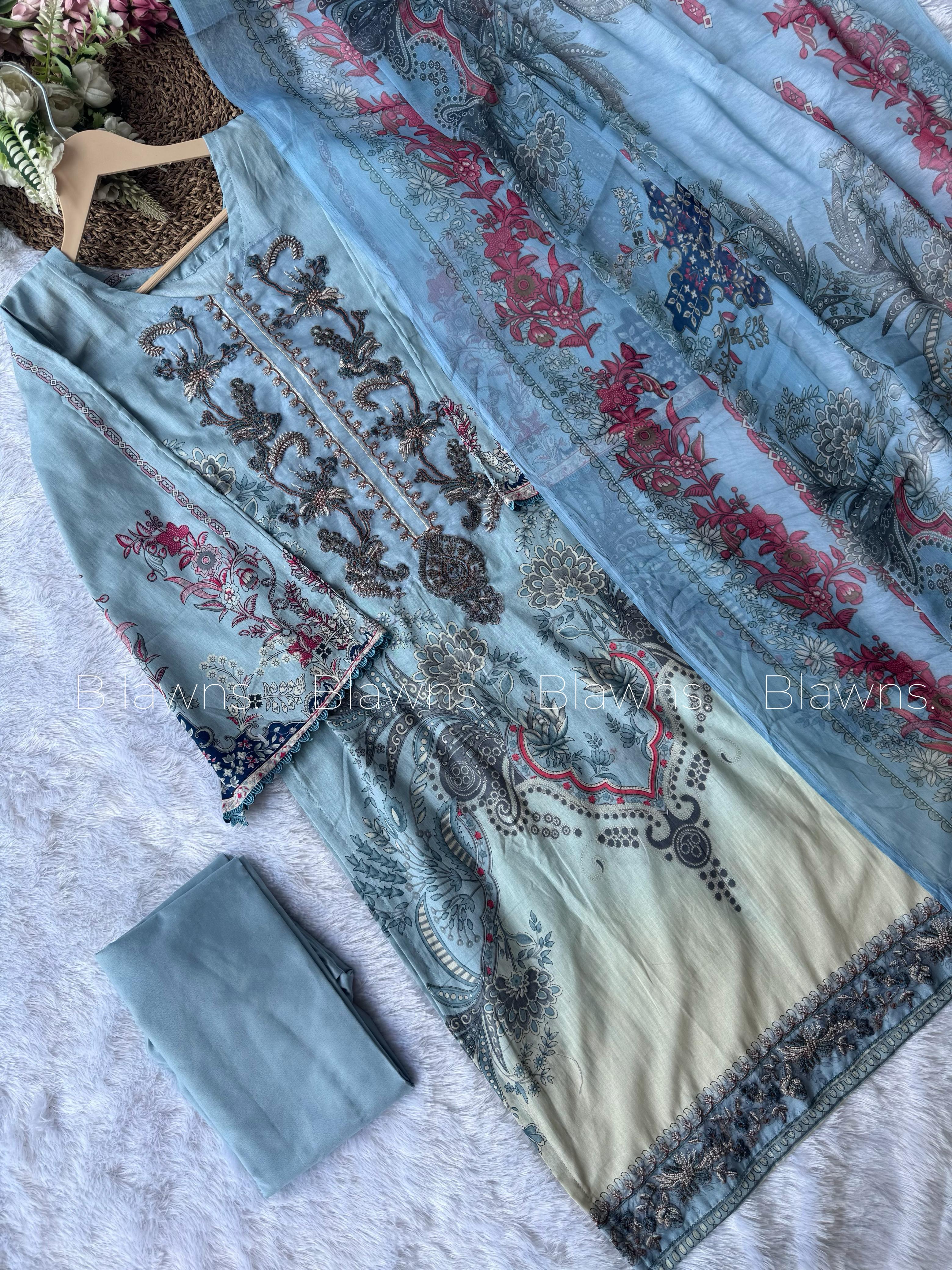 Readymade Pakistani suit with cotton top and chiffon dupatta - BLW-21