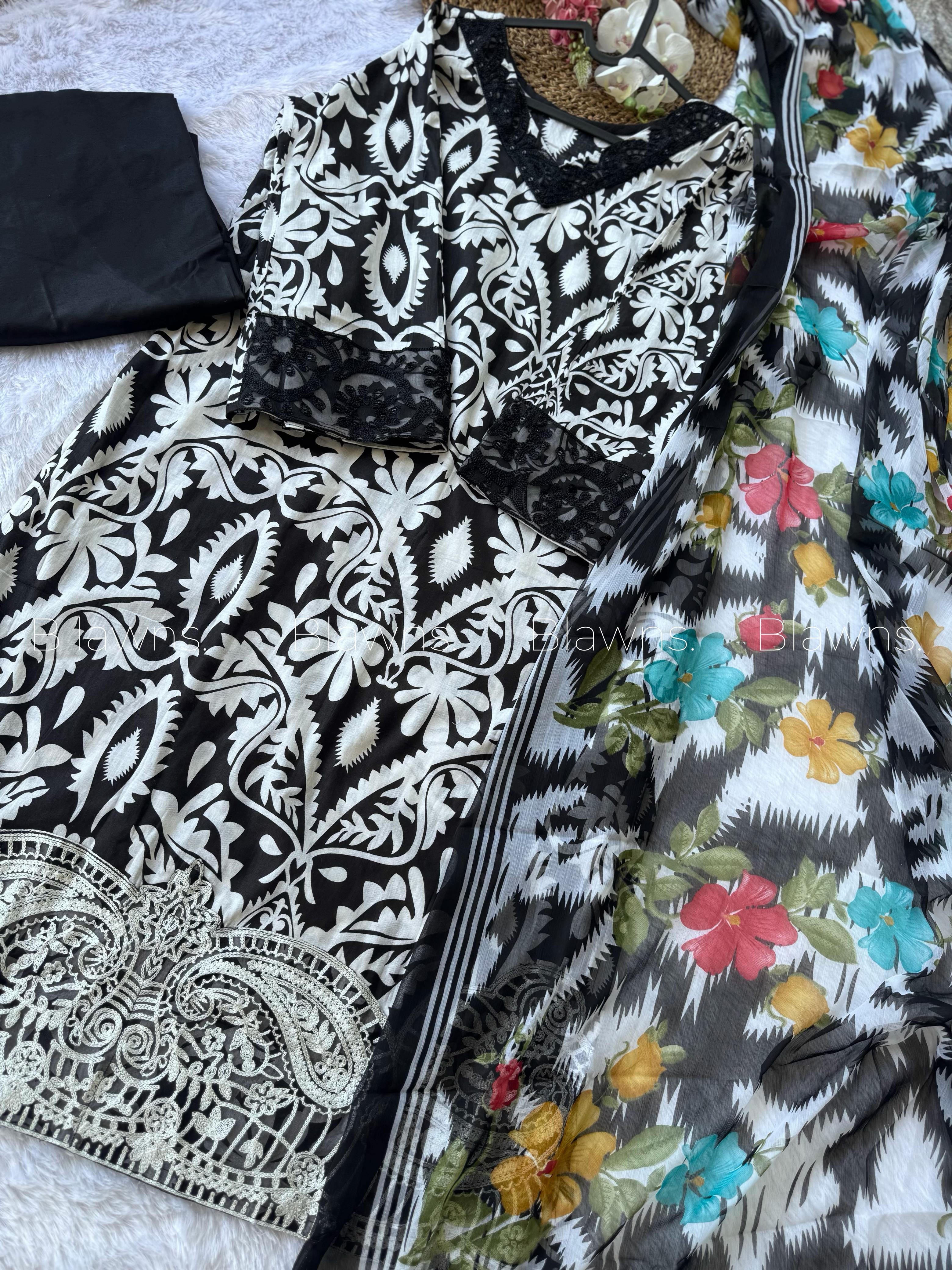 Embroidered Pakistani unstitched lawn suit with chiffon dupatta - BLW-44