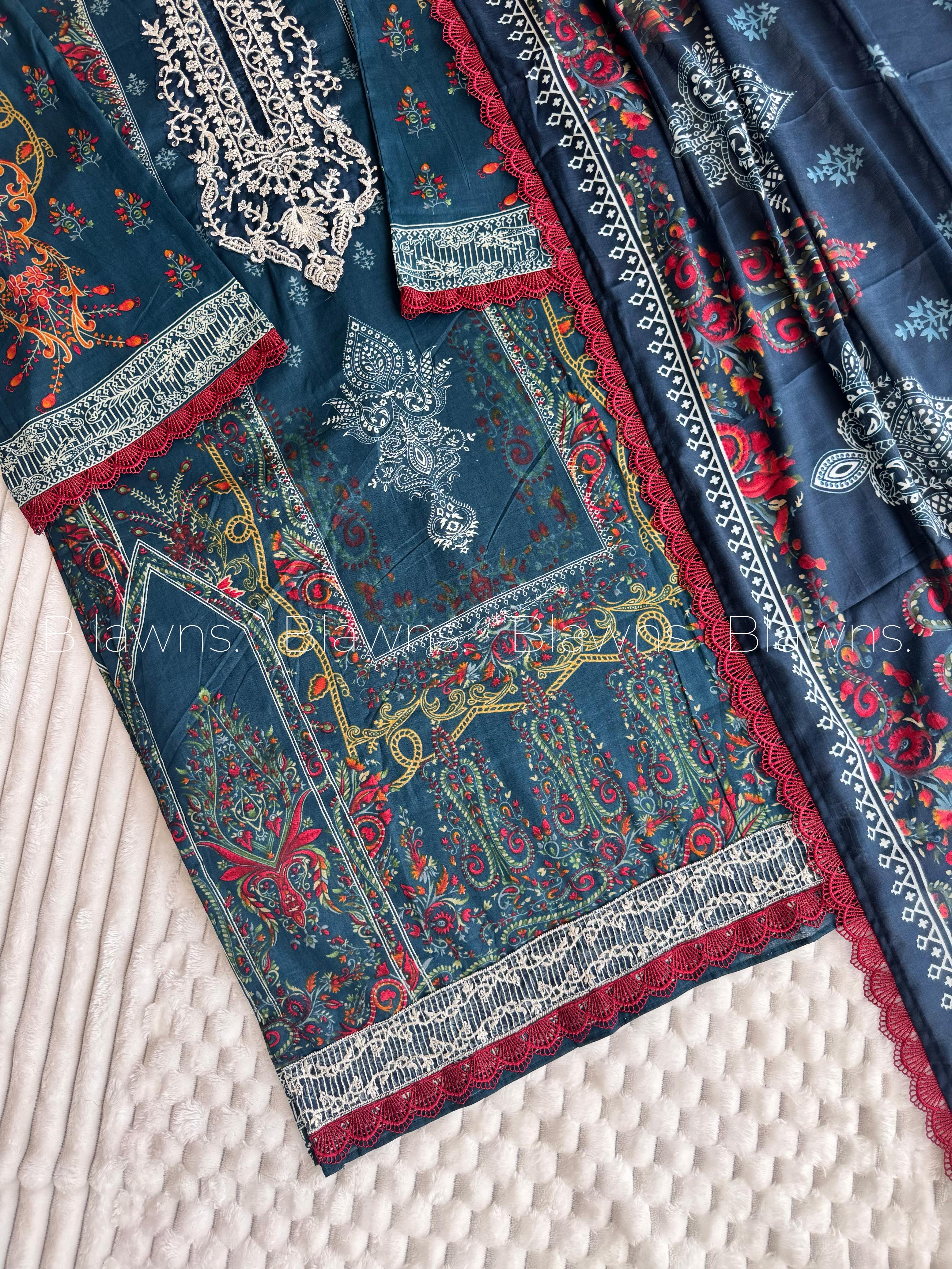 Pakistani unstitched suit BLW-99, cotton trouser and dupatta