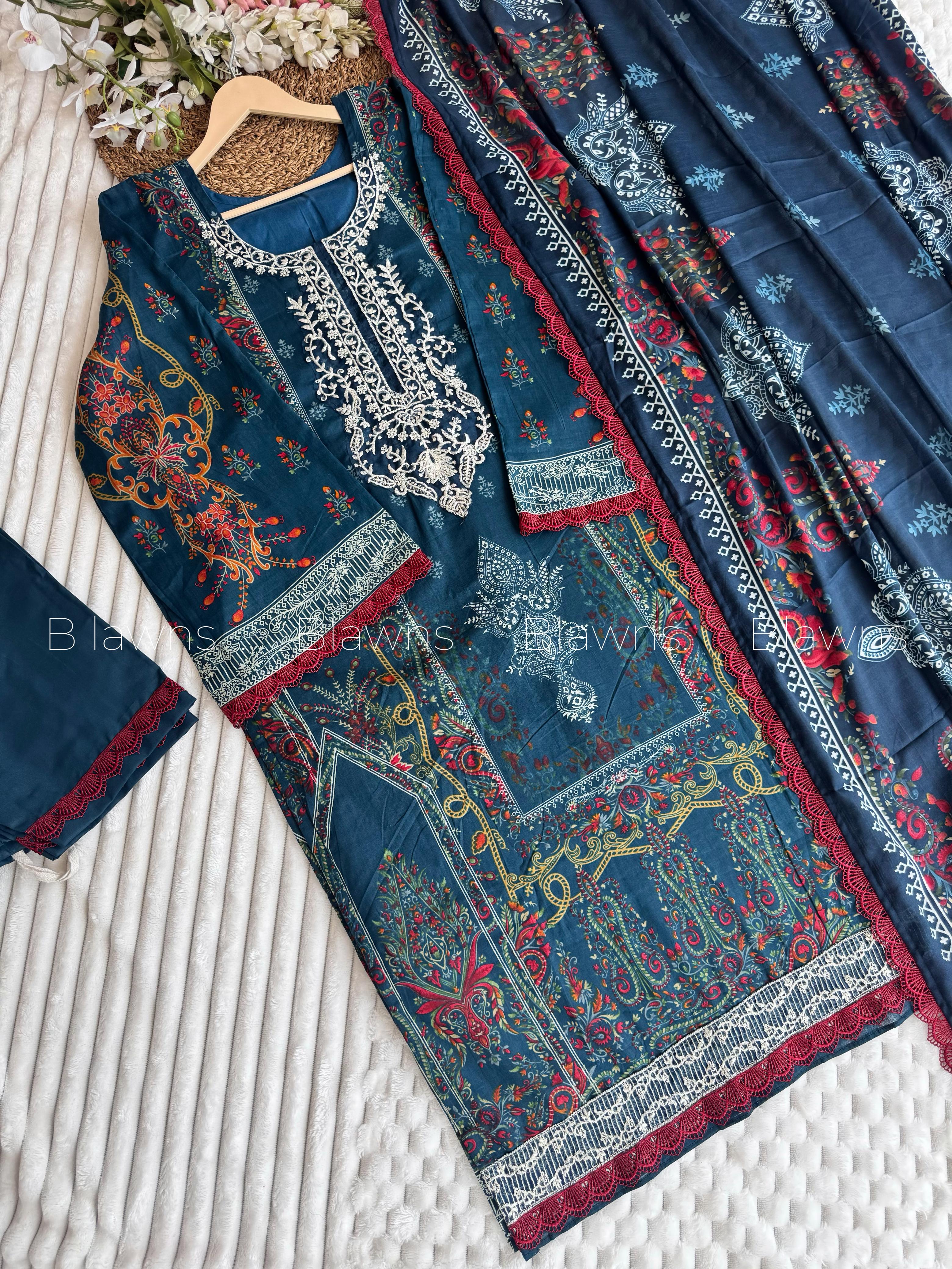 Close-up of embroidery on Pakistani lawn suit BLW-99