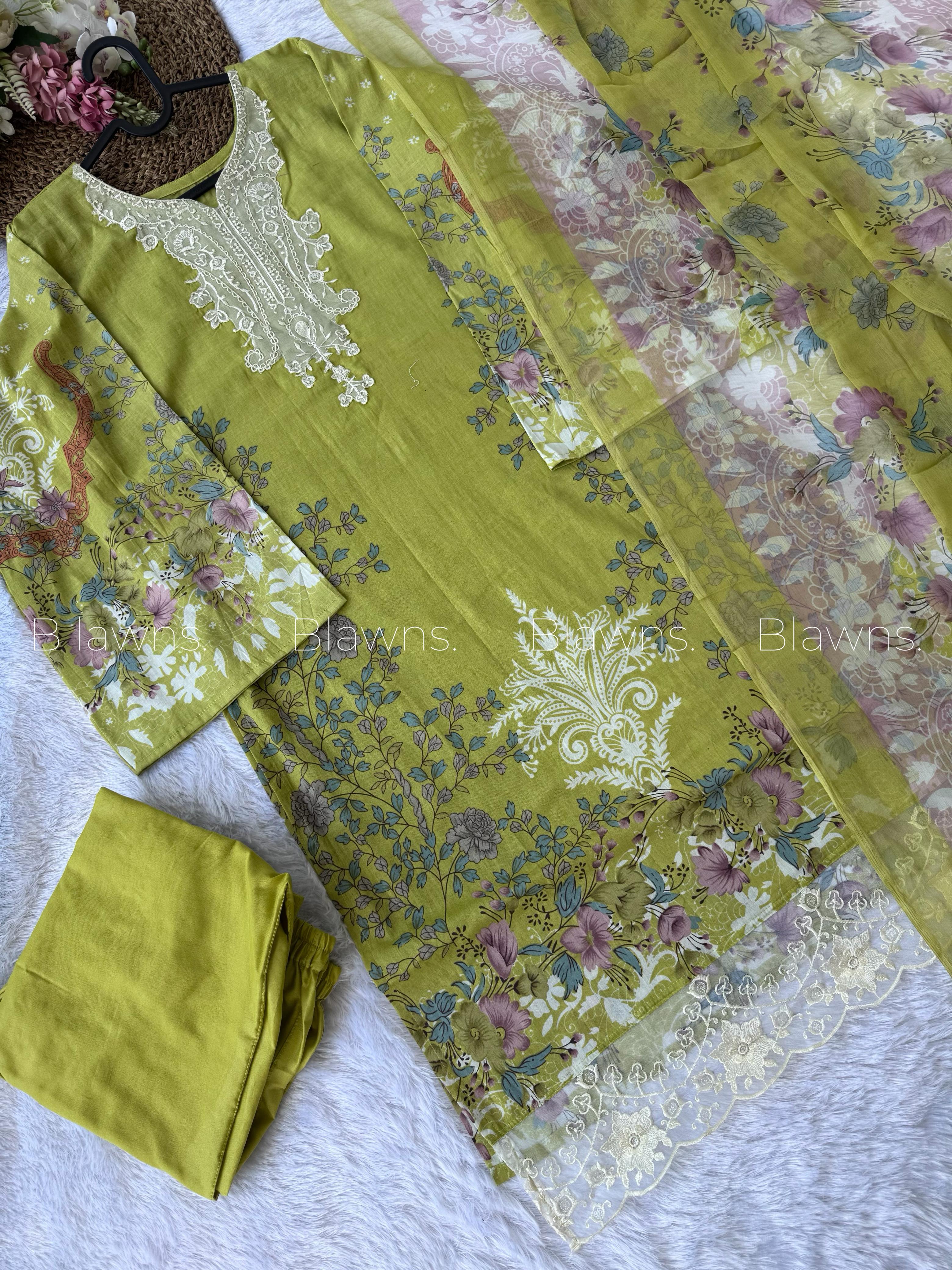 Readymade Pakistani suit with cotton top and chiffon dupatta - BLW-90